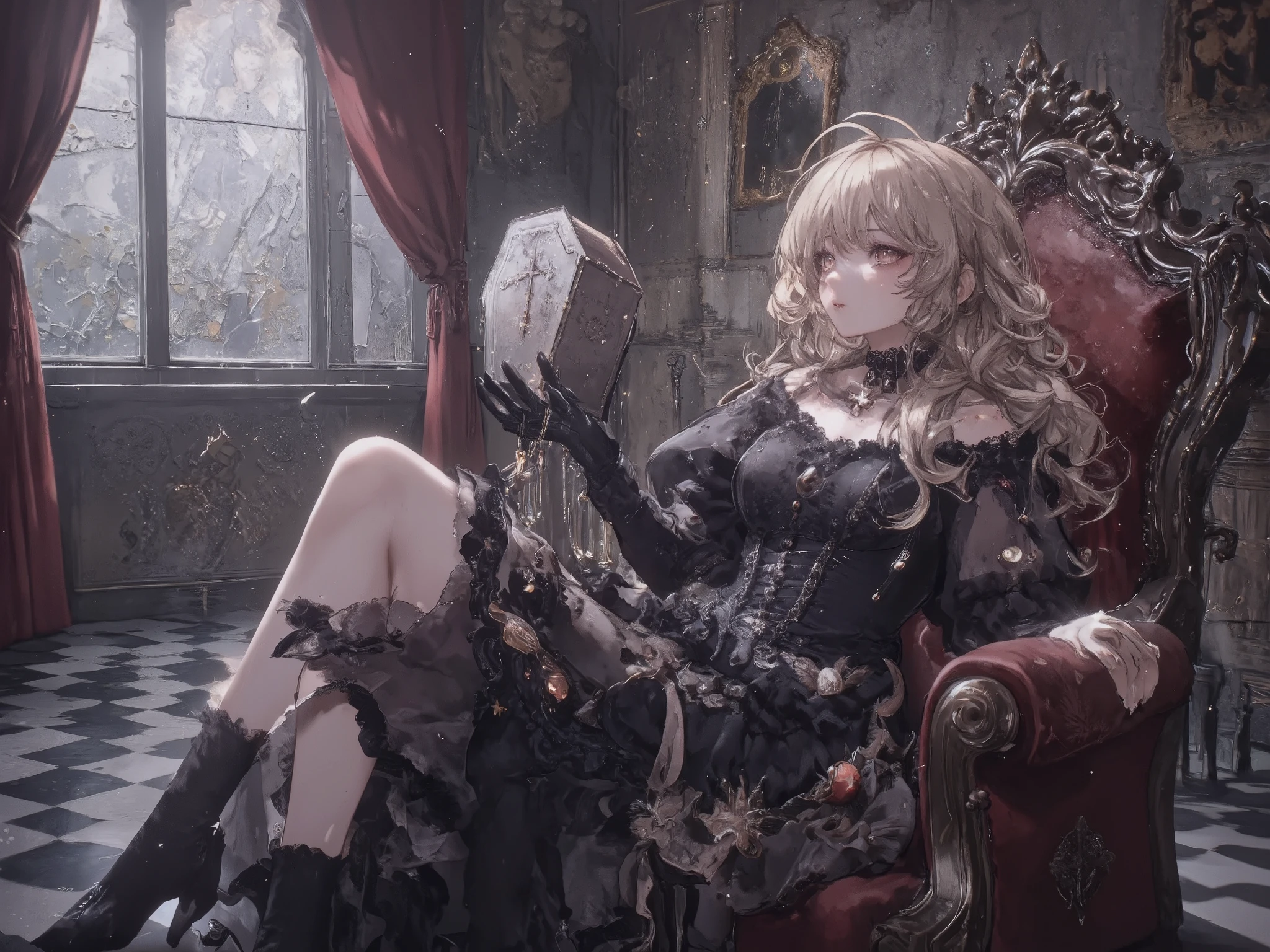 A gothic ta girl sits elegantly on an ornate gothic chair placed in a gothic-style room. She holds a small coffin about the size of her head with both hands, the coffin decorated with a cross symbol in its center. She has long, curly blonde hair and wears a black gothic loliress featuring elaborate frills, lace, a high collar, and dramatic puffed sleeves. She also wears black gloves and a black choker with a pendant. Her pale skin is accentuated by dramatic visual kei-inspired makeup, including bold eyeliner, smoky eyeshadow, intricate patterns around her eyes, and dark lipstick, creating an intense and striking appearance. Her calm and composed expression enhances the solemn and artistic atmosphere. The room features stone walls, a stained glass window casting soft light, red velvet curtains, and a checkered black-and-white floor. Rendered in Glow Effect and Dynamic Lighting, the scene is ultra-detailed and high quality in 8k resolution.