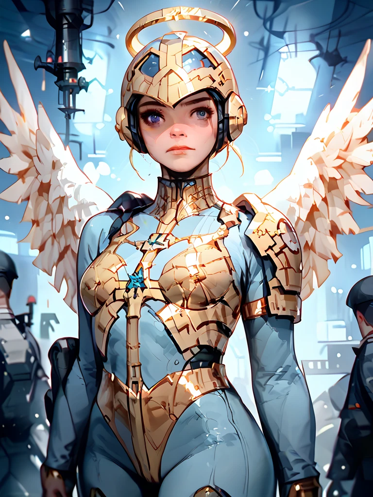 Female Soldier wearing a blue and gold fully enclosed eagle shaped helmet, standing at attention in a laboratory, wearing blue and gold armor like iron man with angel wings symbol made of gold on the , whole body in view