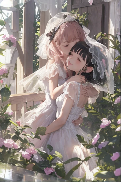 (2 girls kissing、)Licking fingers、Black Hair、(See through)、(Old wooden house in the countryside)、transparent white dress, (My body is soaked..5)、Long wavy hair and super short bob hair、Realistically、(Two girls hugging each other), ((They are )), ((Gross 5.5)), ((She is wearing a transparent white dress)), Accentuate your cleavage,Looking up from below,blush,moist pink lips,sexly,Own,Please open your mouth wide、Place your arms behind your head、long gloves,veil,ータ風のヘッドドレス, メイドヘッドアクセサリー, bedroom,at the night