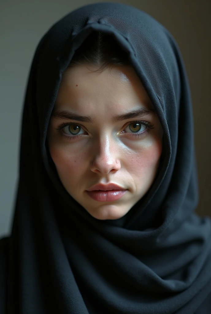 (photorealism:1.2), portrait of a young afghan muslim woman wearing hijab, abaya, no chin dimple, sad looking, looking at camera, frontal view, standing streight, UHD, 4K, very high detail, hyperrealistic