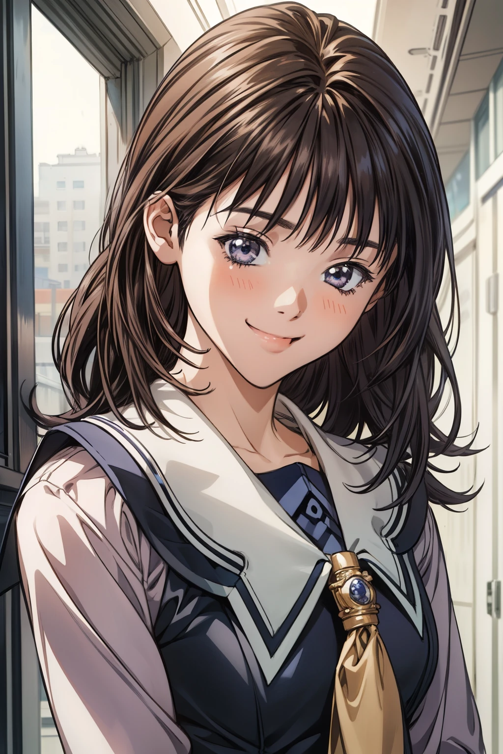 best quality, masterpiece, high resolution, 8K, portrait, cowboy shoot, 1girl, solo, Yoshizuki Iori:1.3, school uniform, smile:1.3, giggle, soft laugh