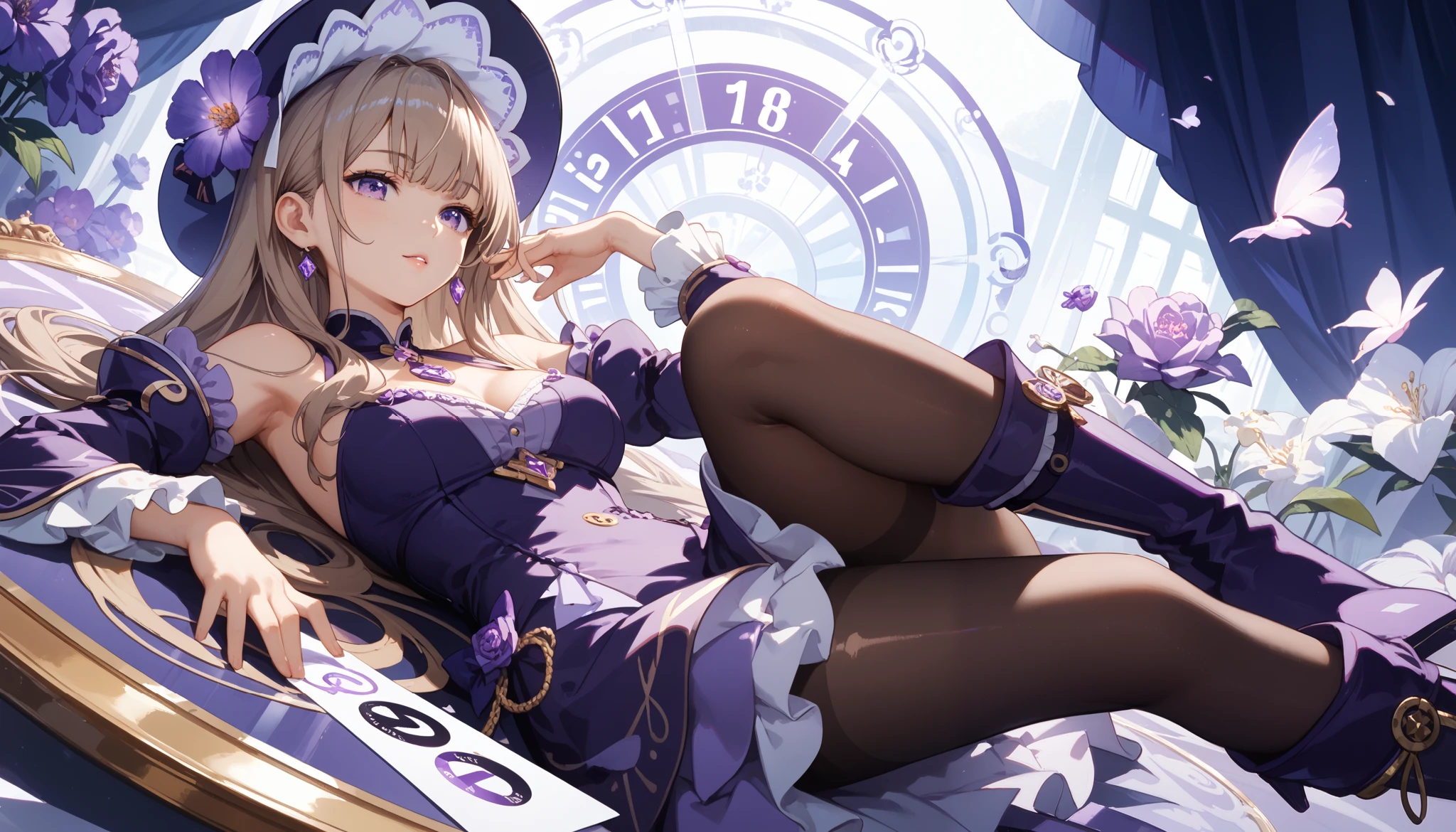 masterpiece, high resolution ,Anime Art,Anime Numbers, 4k anime wallpaper,Soft Light, radiant skin, unique , close-up shot ,An anime girl,Lie on the mirror,chest,Purple hat, purple dress , light brown long hair , purple eyes ,Purple long boots, black pantyhose, fantastic background