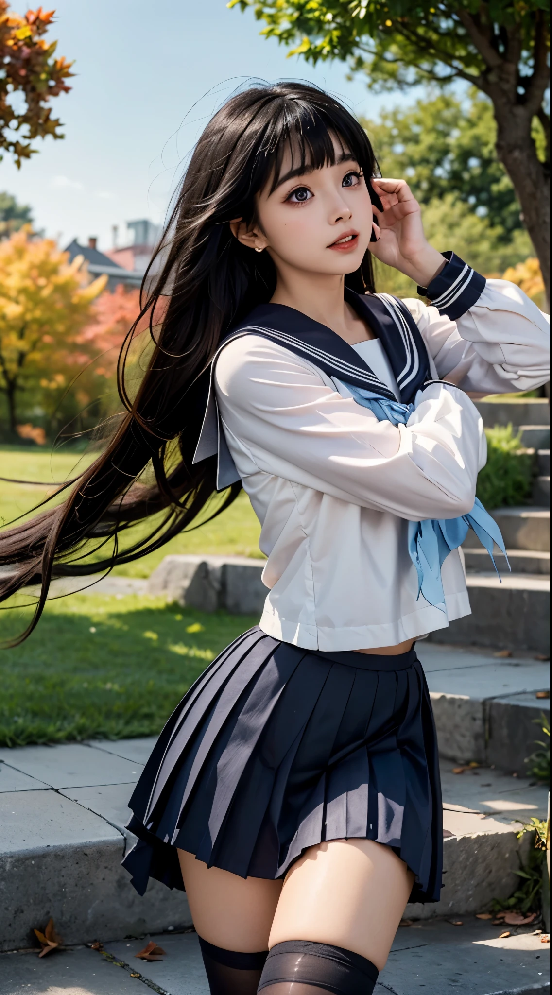 Landscape of a very beautiful woman, (((front focus))), dutch angle, (((low angle)))!!!, (((background Blurry))), Bokeh, lens flare, photography with Fujifilm XT3, depth of field, film grain, female focus, (((face exposed)))!!!, BREAK, Chitanda Eru/(Hyouka/), anime style, (((sit down at the stone stairs under mapple tree)))!!!, (((red mapple leaves are falling))), beside the river, (((wind-swept hair)))!!!, (((looks at the audience)))!!!, Ultra detailed eyes, Beautiful light purple iris like amethyst :1.40, Stars in her fixed eyes, (homochromatic eyes)!!!, stunning smile, long sleevemouth, (((thin fresh peach lips)))!!!, (Blush)!!, Perfect nose, Cute little nose, Earrings, beatiful face, Face Clean, realistic Skin, hyper realistic, Perfect eyebrow appear through black hair, black hair between eyes, black hair bangs, (ultra shine black hair)!!, (thick straight black hair)!!, (((((wind swept hair)))))!!+!!, ((dynamic composition)), BREAK, detached sleeves, medium breasts, /(((wear original costume of chitanda eru/)))!!!, (((white school uniform_black sailor collar_black pleated skirt)))!!!, close shoulders, slim legs, ((open skirt))!!, ((open smooth thight))!!, ((thighhighs))!!, white stocking, vivid color clothes, detailed realistic clothes, BREAK, Best Quality, Masterpiece, Ultra-detailed, Beautiful, hight resolution, Original, CG 8K, perfect photo, dramatic lighting, Beautiful lighting, (Realistic fantasy art), Realistic, Full HD, Best Quality, award winning, (8k wallpaper of extremely detailed CG unit), High Details, sharp-focus, The art of dramatic and photorealistic painting, ((beside the river bank)), dynamic composition, breathtaking rendering, strong color, deep shadow