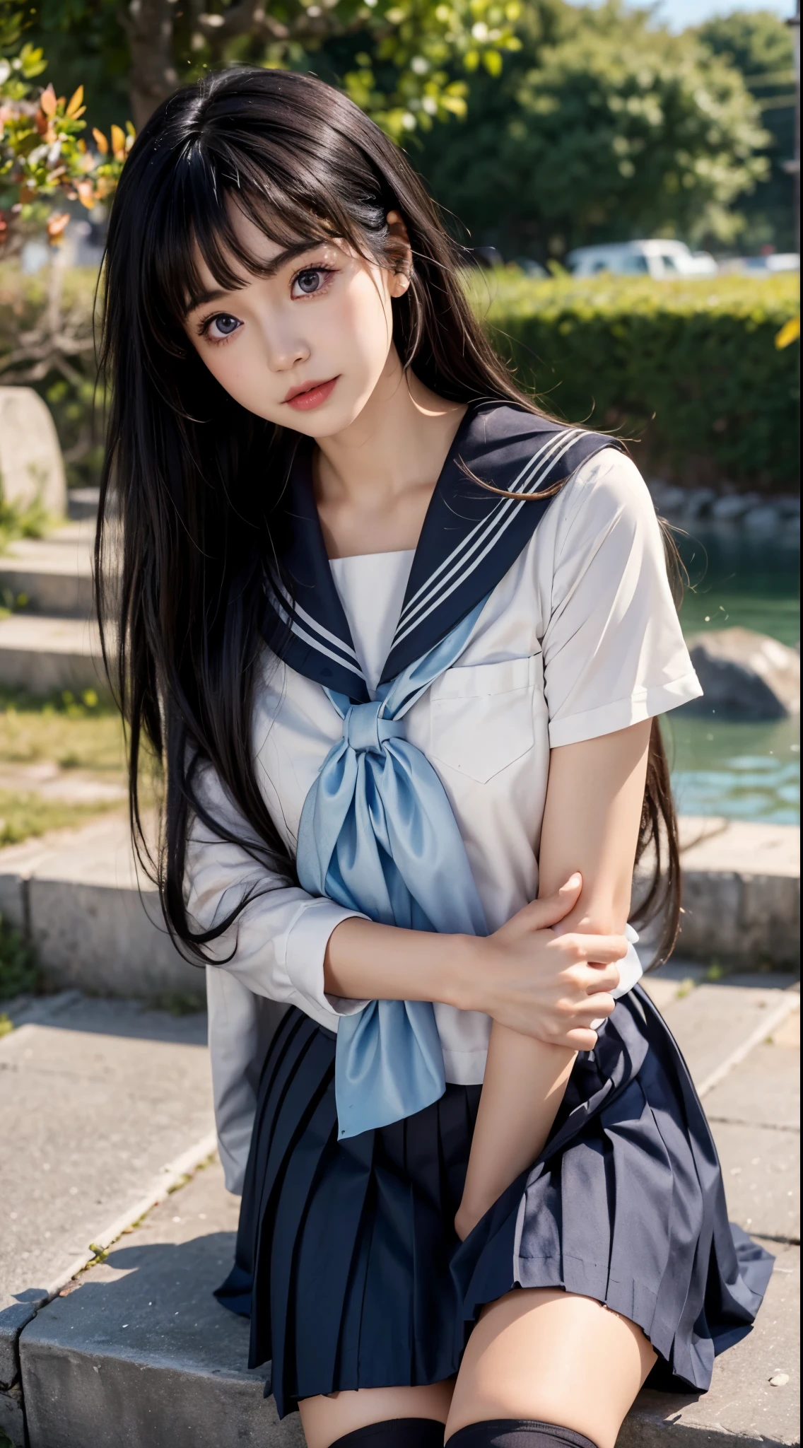 Landscape of a very beautiful woman, (((front focus))), dutch angle, (((low angle)))!!!, (((background Blurry))), Bokeh, lens flare, photography with Fujifilm XT3, depth of field, film grain, female focus, (((face exposed)))!!!, BREAK, Chitanda Eru/(Hyouka/), anime style, (((sit down at the stone stairs under mapple tree)))!!!, (((red mapple leaves are falling))), beside the river, (((wind-swept hair)))!!!, (((looks at the audience)))!!!, Ultra detailed eyes, Beautiful light purple iris like amethyst :1.40, Stars in her fixed eyes, (homochromatic eyes)!!!, stunning smile, long sleevemouth, (((thin fresh peach lips)))!!!, (Blush)!!, Perfect nose, Cute little nose, Earrings, beatiful face, Face Clean, realistic Skin, hyper realistic, Perfect eyebrow appear through black hair, black hair between eyes, black hair bangs, (ultra shine black hair)!!, (thick straight black hair)!!, (((((wind swept hair)))))!!+!!, ((dynamic composition)), BREAK, detached sleeves, medium breasts, /(((wear original costume of chitanda eru/)))!!!, (((white school uniform_black sailor collar_black pleated skirt)))!!!, close shoulders, slim legs, ((open skirt))!!, ((open smooth thight))!!, ((thighhighs))!!, white stocking, vivid color clothes, detailed realistic clothes, BREAK, Best Quality, Masterpiece, Ultra-detailed, Beautiful, hight resolution, Original, CG 8K, perfect photo, dramatic lighting, Beautiful lighting, (Realistic fantasy art), Realistic, Full HD, Best Quality, award winning, (8k wallpaper of extremely detailed CG unit), High Details, sharp-focus, The art of dramatic and photorealistic painting, ((beside the river bank)), dynamic composition, breathtaking rendering, strong color, deep shadow