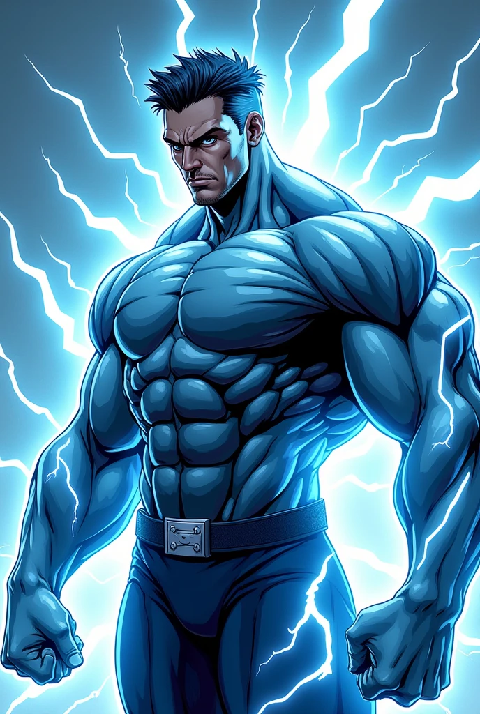 man with a lightning bolt on a blue and gold background，shiny black halo, testicles, veiny arms, Aura of sickness，Anime 8K，An epic anime with the power of lightning.，epic anime style，nude male, Aura of darkness，Resplendent aura of power, make a penis, detailed penis, veiny penis, tatto, detailed tatto. Lightning ilumination.