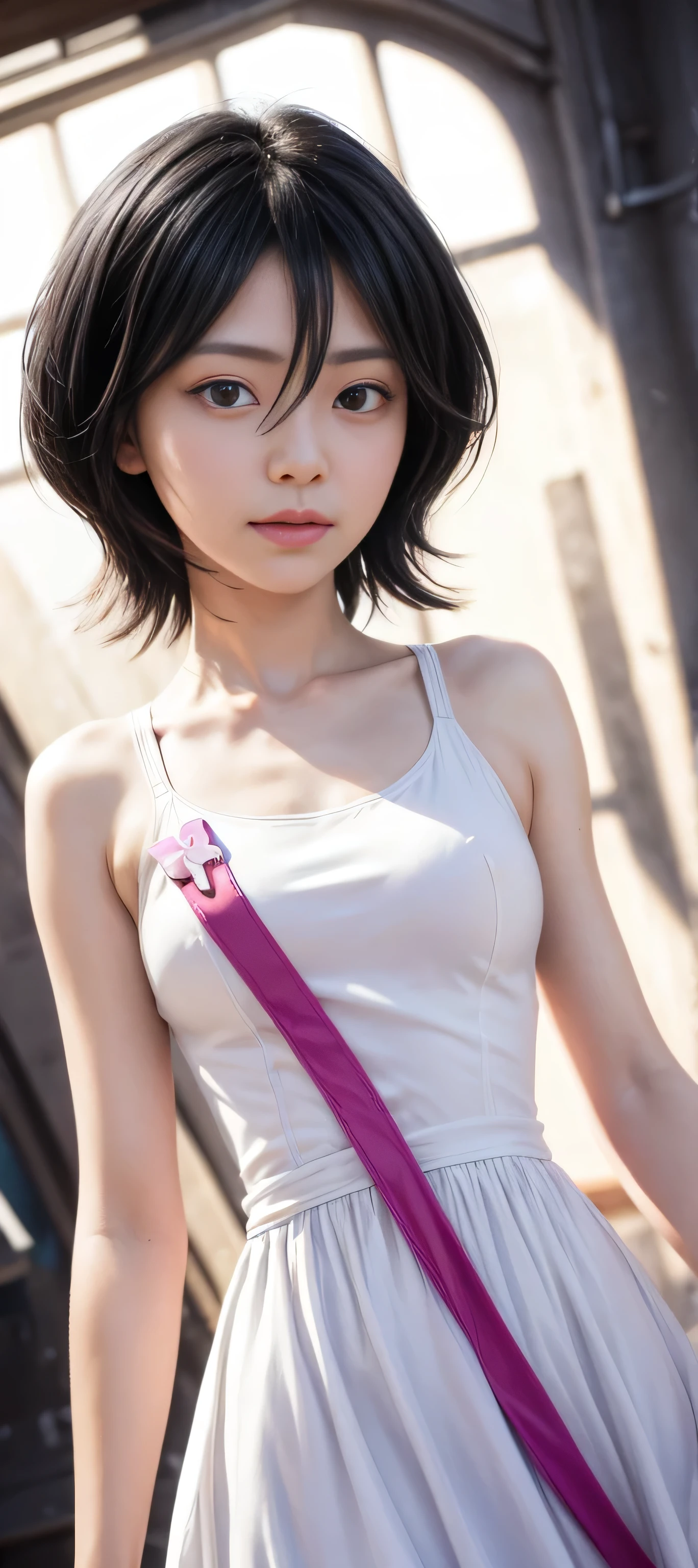 masterpiece, best quality, (realistic,photo-realistic:1.4), (RAW photo:1.2), extremely detailed CG unity 8k wallpaper, delicate and beautiful, amazing,finely detail, official art, absurdres, incredibly absurdres, huge filesize, ultra-detailed,extremely detailed eyes and face,light on face,(little smile),(black hair:1.4),(wearing honkai impact outfit:1.5),(short hair:1.5),rukia kuchiki,(white dress:1.4),(neonbackground:1.4),(small breast:1.4),night