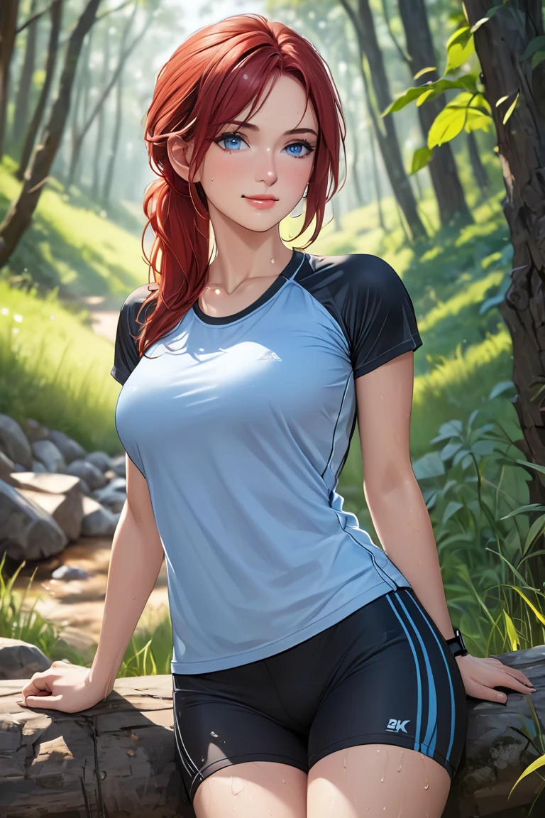 ((((masterpiece, best quality, high resolution)))), (Ultra HD, Ultra-detailed, Highly detailed, Highly realistic, Ultra-realistic, photograph realistic), (sunbeam, sunlight), 1 female, standing, (solo), looking at viewer, high detailed,extremely detailed, fine eyes, smile, dynamic pose, short red hair, cap, crop top, jacket, fingerless glove, curvy, forest, (gray leggings), (portrait:1.2), EnvyBetterHands LoCon