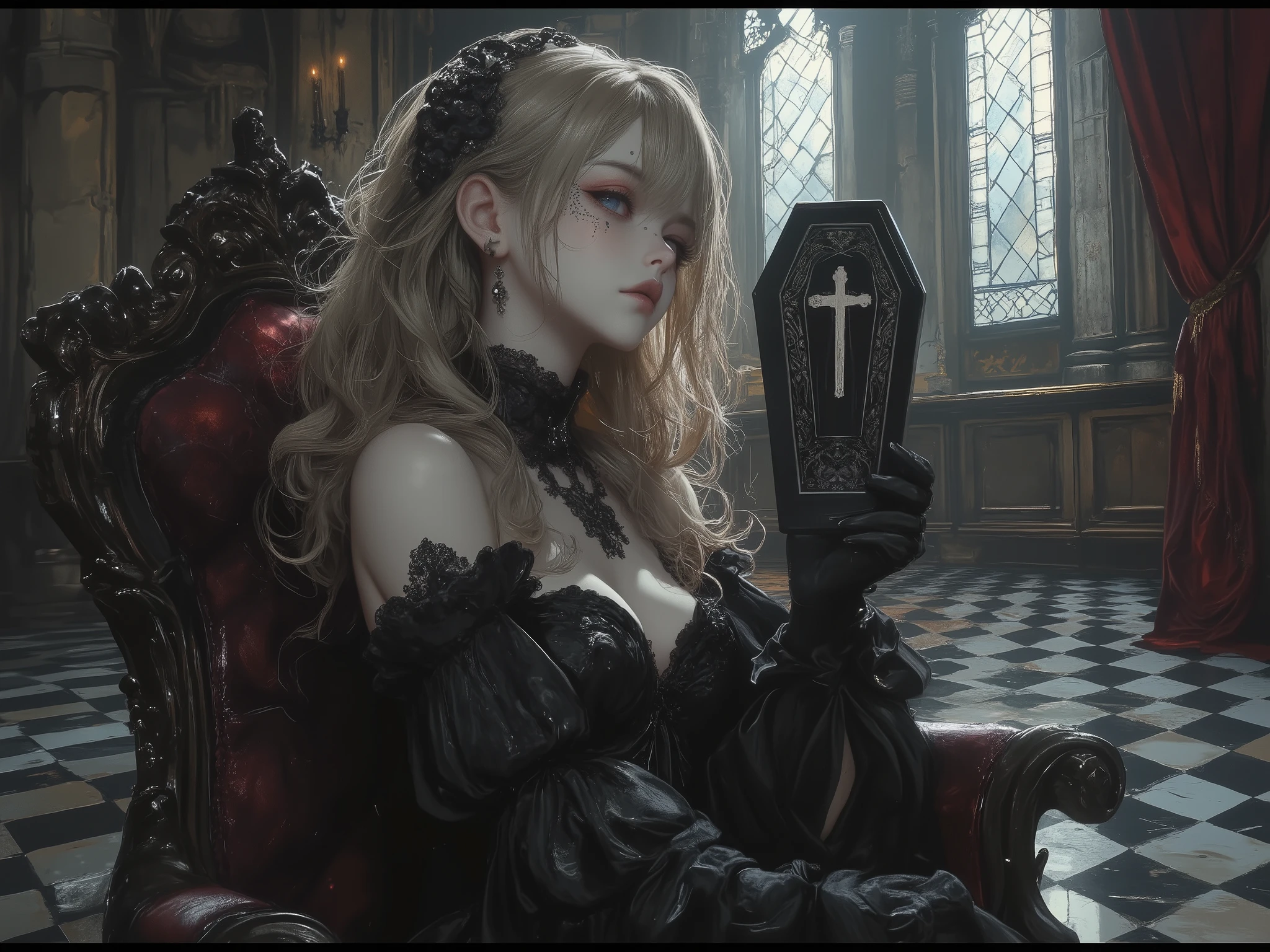 A gothic ta girl sits elegantly on an ornate gothic chair placed in a gothic-style room. She holds a small coffin about the size of her head with both hands, the coffin decorated with a cross symbol in its center. She has long, curly blonde hair and wears a black gothic loliress featuring elaborate frills, lace, a high collar, and dramatic puffed sleeves. She also wears black gloves and a black choker with a pendant. Her pale skin is accentuated by dramatic visual kei-inspired makeup, including bold eyeliner, smoky eyeshadow, intricate patterns around her eyes, and dark lipstick, creating an intense and striking appearance. Her calm and composed expression enhances the solemn and artistic atmosphere. The room features stone walls, a stained glass window casting soft light, red velvet curtains, and a checkered black-and-white floor. Rendered in Glow Effect and Dynamic Lighting, the scene is ultra-detailed and high quality in 8k resolution.