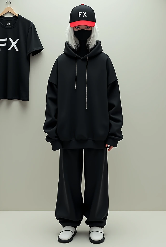 Character with white hair with a black cap on the back with the red brim black mask with a white ball on the tip of the mask black shirt in the left corner written FX black pants white slippers