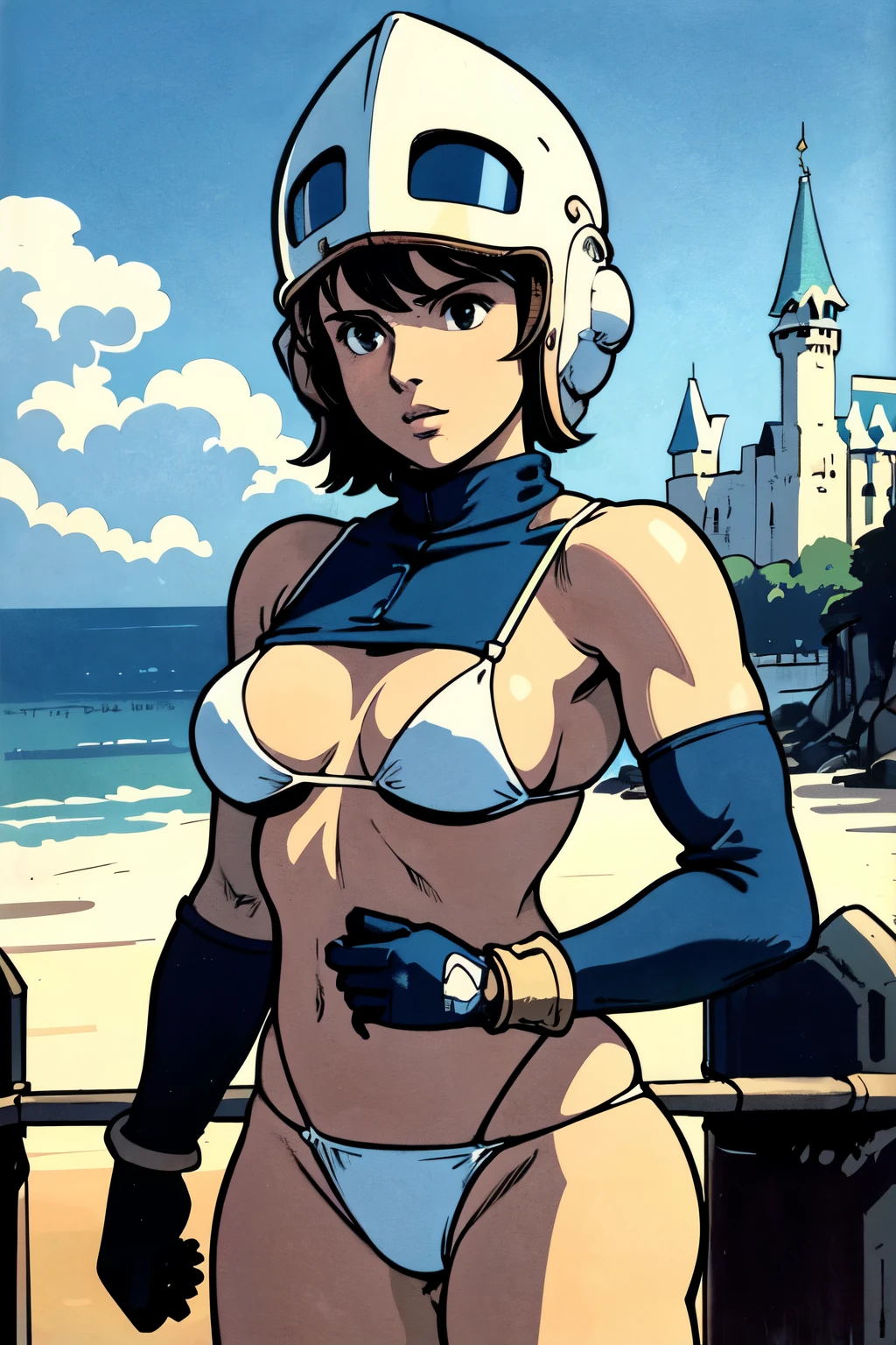 ((best quality, masterpiece, extremely detailed)), 1girl, (thong bikini:1.2), ((medium breast)), gloves, helmet, (upper body shot:1.4), at the castle, NausicaaC