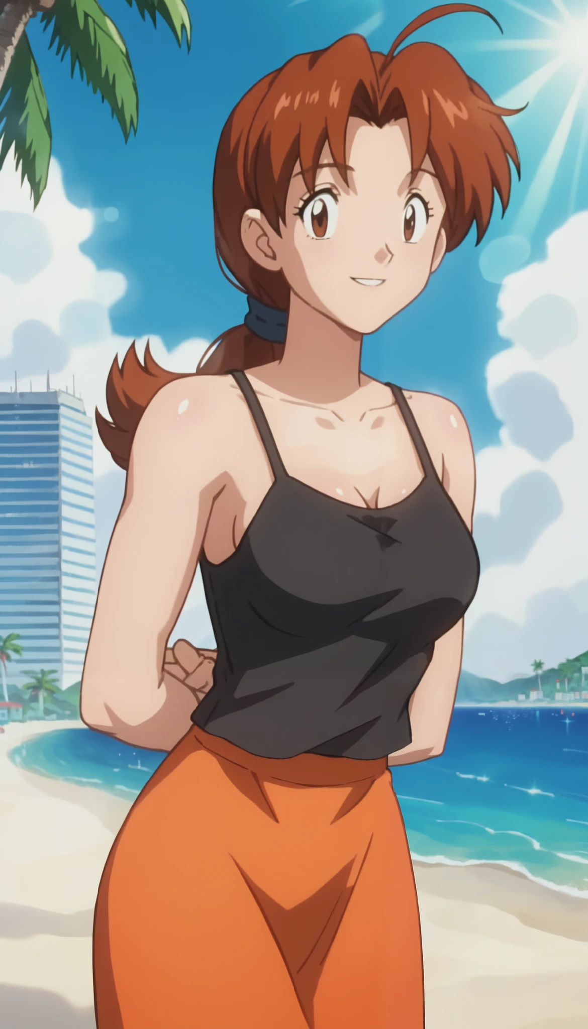 score_9, score_8_up, score_7_up, score_6_up, anime screencap, anime coloring, PMDeliaK, 1girl, solo, brown hair, ponytail, ahoge, long hair, parted bangs, brown eyes, hair tie, (soft biceps:0.5), (arms leaning:1.3), medium breasts
black camisole, orange skirt, long skirt,
smile, looking at viewer, STANDING,
shiny skin, BREAK beach, sky, day, sunlight, light rays, cityscape, palm tree, tugging shirt