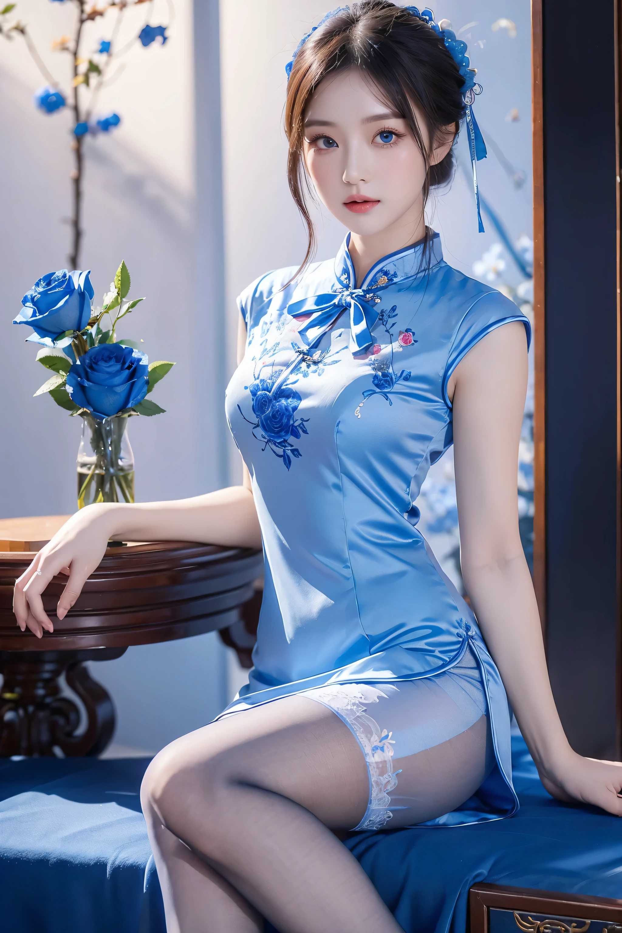Cheongsam, 1 girl, blue bow, blue eyes, blue flowers, blue ribbon, blue rose, chest, Chinese clothing, Chinese clothing, dress, flower, gradient, gradient background, embroidered ball flower, looking at the audience, small chest, pantyhose, rose, single, thigh pantyhose
