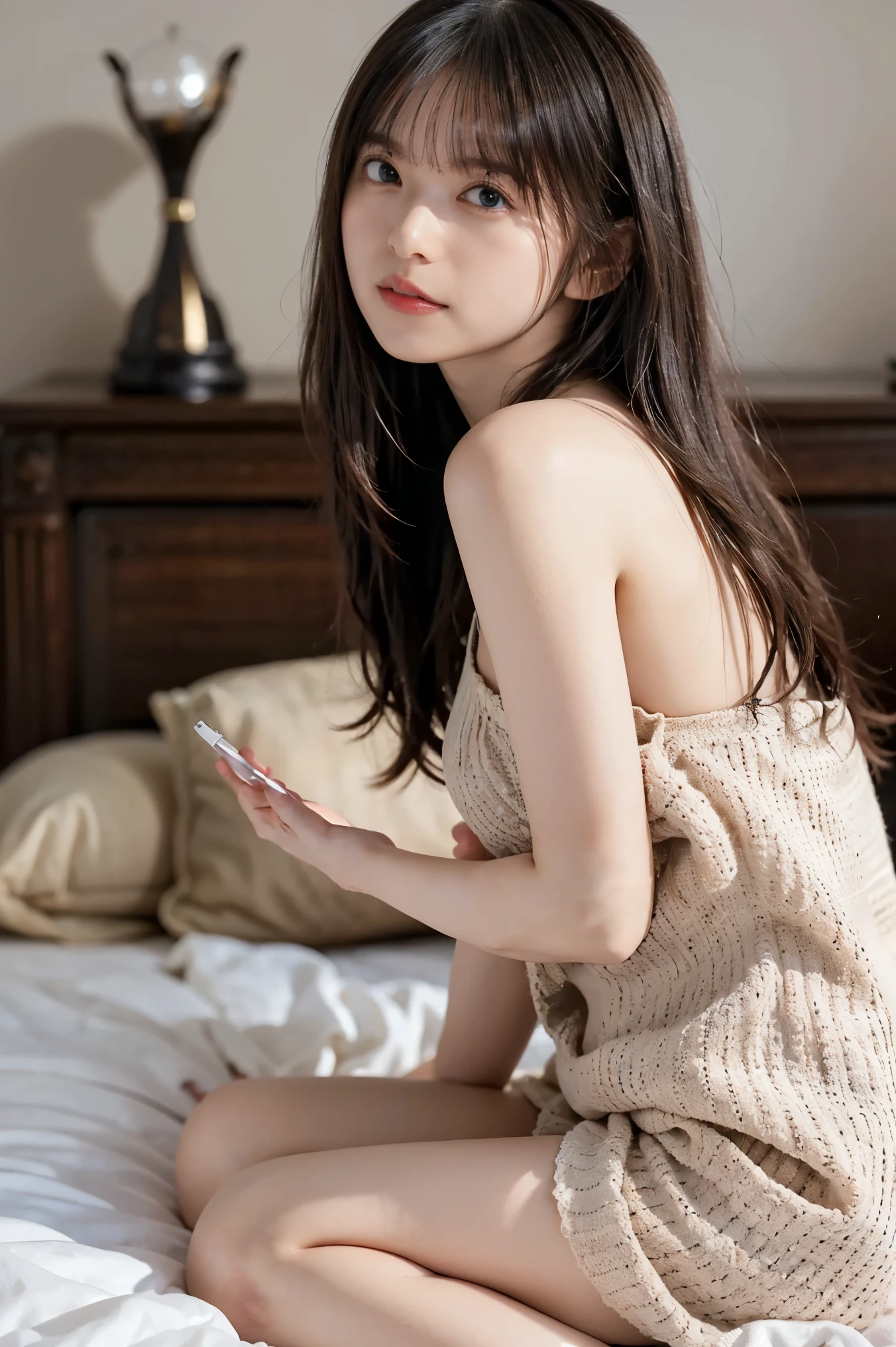 Nikon, 135mm, (No lens flare :1.5), 超 high resolution, Masterpiece,  accurate,  textured skin ,  more details,  high details,  High Quality ,   two-bracelet that won a realistic  , 最 High Quality , 4K, 8k, 16k,  allows depth of field , analog,   tilts her head with a playful smile  , ((  Best Quality )), ((Masterpiece:1.5)), (( realistic)),  high resolution,  detailed顔の特徴,  Extra long body  ,   her butt is full of semen  , extremly  detailed目,  very detailed on trends,  clear focus , smooth , 非常に detailed表示,  octane render ,  photorealisticな, Post-processed, ( max details:1.8),  realistic shadows, Roughness, Real Life,  ultra realistic ,  Photorealism ,  high resolution,  detailed,  Sharp Focus , Midea, 非常に detailed衣服, ( anatomically accurate:1.4), (MISBO :1.8), (Alone:1.5), ( black eyes:1.9), ( detailed目:1.9), (round dark eyes :1.8), ( long brown hair:1.5), (美しく detailed顔:1.6), (Hourglass-shaped body:1.6), ( perfect round breasts:1.9), ( Well-outlined cheekbones :1.5), ( Defined Body :1.8), ( healthy body:1.8), (Narrow shoulders:1.9)  crystal clear girl looking at the viewer ,  seductive gaze , natural hands, ( smirk:1.8),  close-up portrait , , the model is sitting on the bed wearing lace white lingerie and is cozy. ( slouching forward :1.6), Sunbathing bedroom ,  soft, crunchy sheets ,  Warm and Cozy Atmosphere ,  natural light, Soft texture ,  photorealistic,   beautiful lighting lying near the beach  ,  quiet and peaceful atmosphere ,  Detailed bedroom interior  , Asahi, Luxurious bedding,  calming mood , Fluffy pillow, Wooden furniture,  minimal clutter ,  clean and tidy space , Shining Sunshine, Gentle colors,  relaxed atmosphere ,  High Quality  render,  realisticな詳細, Masterpiece.