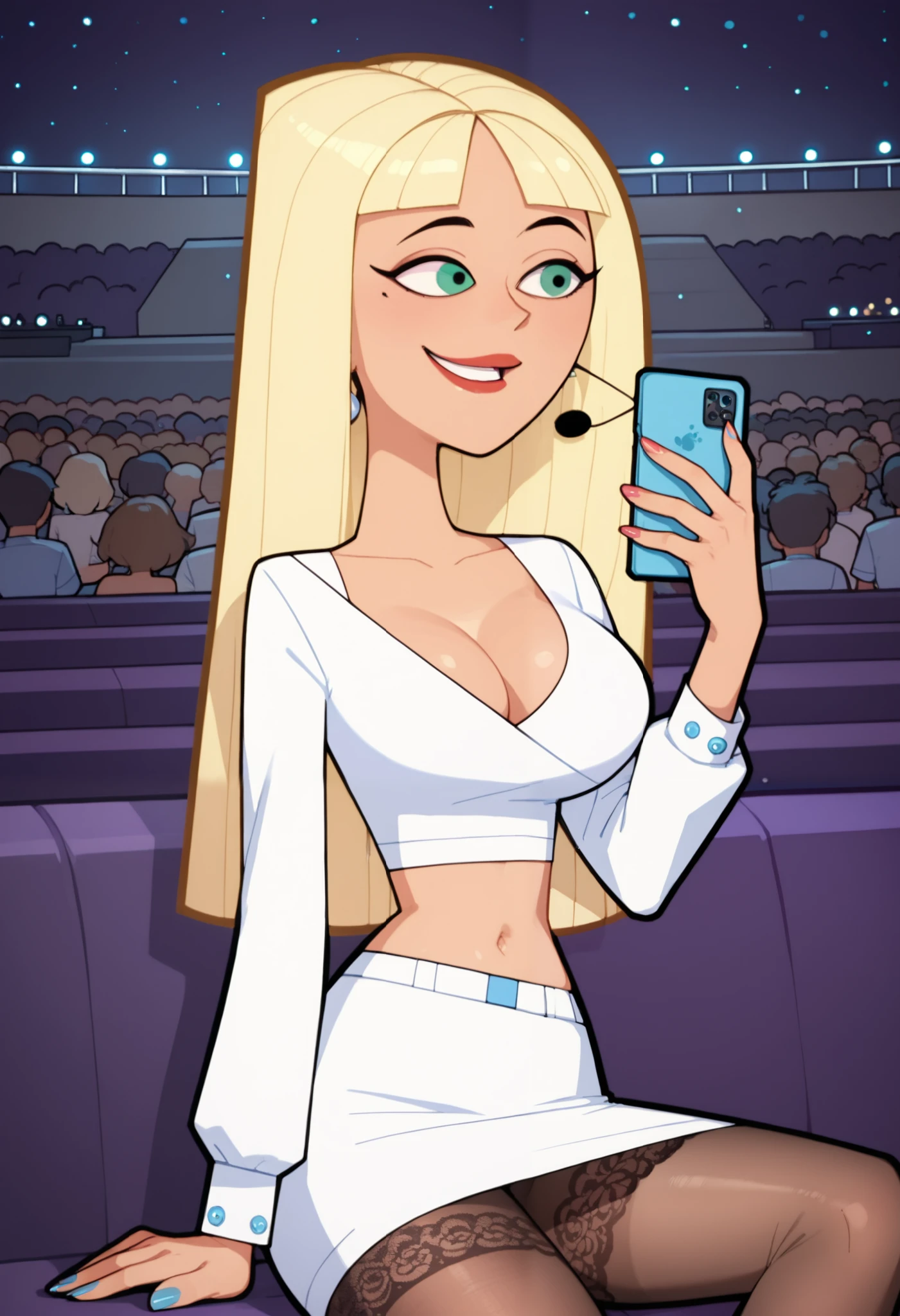 Vidalia, blond hair, make up, black eyes, long hair,
blue shirt, jeans, lounging,
upper body, hips, sitting, smile, cleavage,
night, open movie theater,
(insanely detailed, beautiful detailed face, masterpiece, best quality) cinematic lighting,
<lora:Vidalia:0.7>