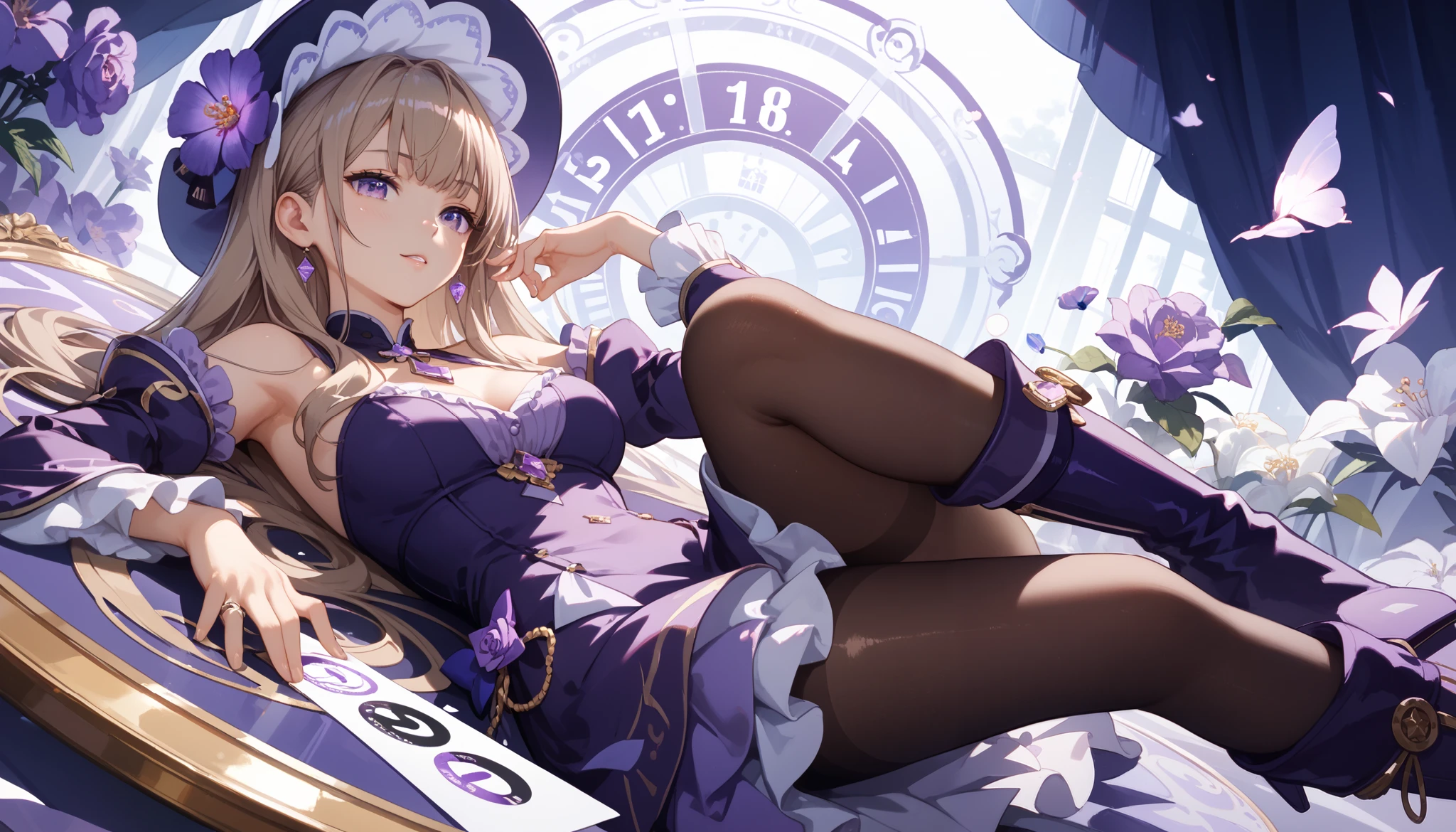 Hand Repair, masterpiece, high resolution ,Anime Art,Anime Numbers, 4k anime wallpaper,Soft Light, radiant skin, unique , close-up shot ,An anime girl,Lie on the mirror,chest,Purple hat, purple dress , light brown long hair , purple eyes ,Purple long boots, black pantyhose, fantastic background