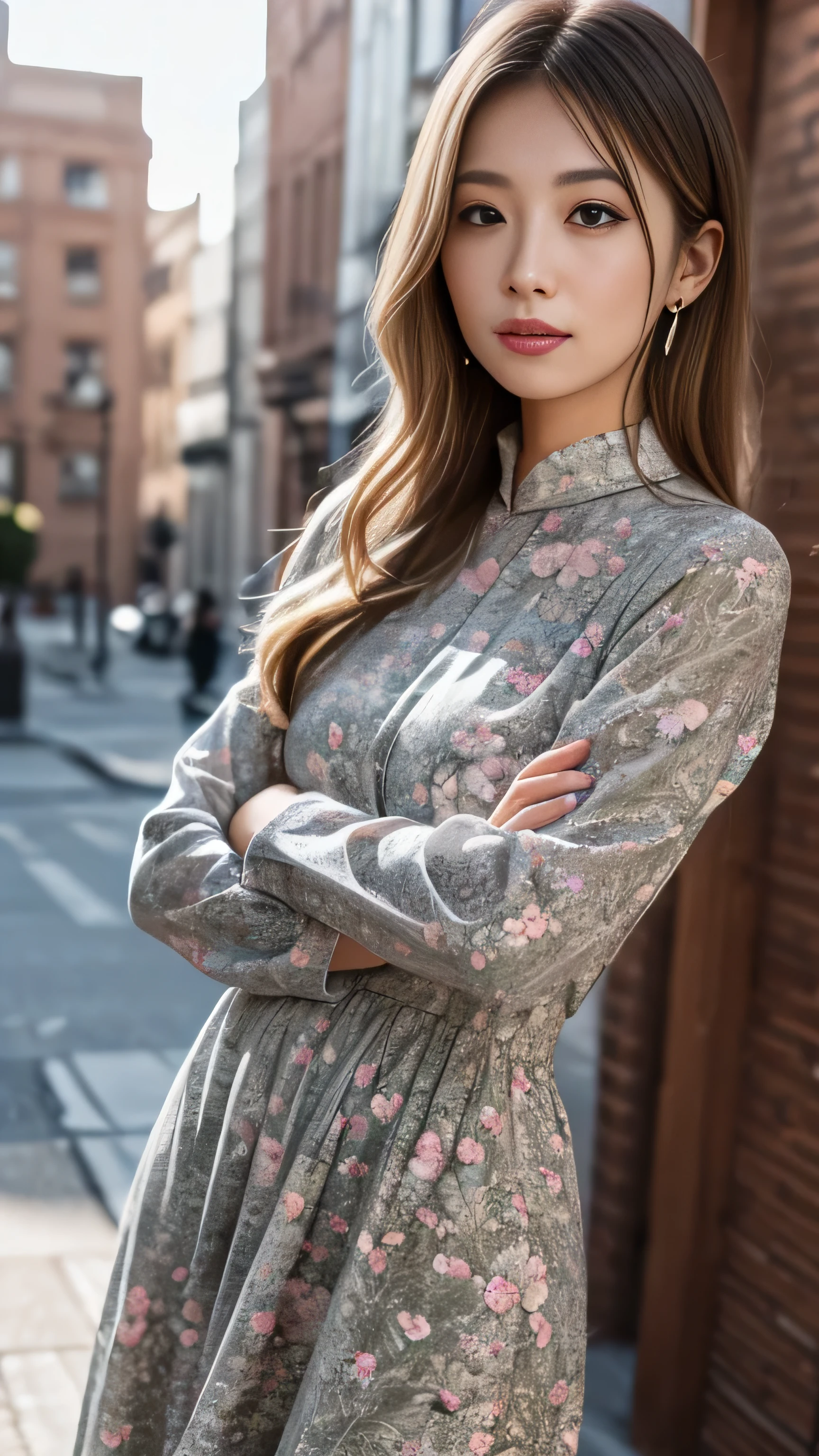 master piece, best quality, ultra detailed, super high res, 16k, (photo realistic:1.4), RAW photos, detailed and beautiful face, (high resolution detail of human skin texture),
((((wide shot:1.5)))), soft light, 1 Japanese Girl, solo, cute, (seductive smile:0.5), (((crossed arms:1.2))), (lens flare:1.2),
BREAK,
(in the noon), (clear sky), (street in downtown),
BREAK,
((dress noble long sleeve dress:1.2)), ((dress noble chic and dark color small floral pattern dress:1.3)), (high heels),
BREAK,
heavy makeup