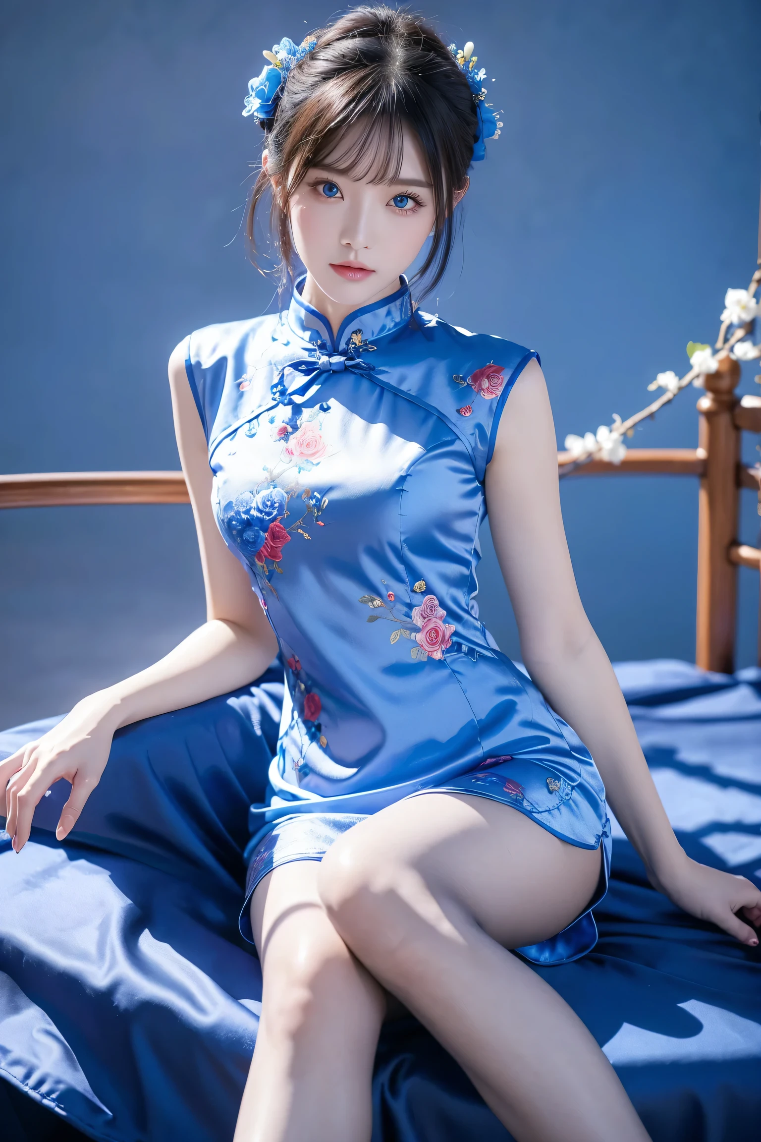 absurderes, Raw photo, Extremely delicate and beautiful, masutepiece, Best Quality, Ultra High Resolution, 16 K, hyper realisitic, Ultra-detailed, Perfect Anatomy, Ultra-detailed細なスキン, Perfect figure, Very detailed CG 8k wallpaper, in her 20s, Very slim body, Narrow waist, Very small head, Very small face, Delicate facial features, tear moles, Earring, thin legs, ((very massive round chest)), Girls, (((Full body shot))), Short hair, Wavy Hair, ((Color cheongsam)),