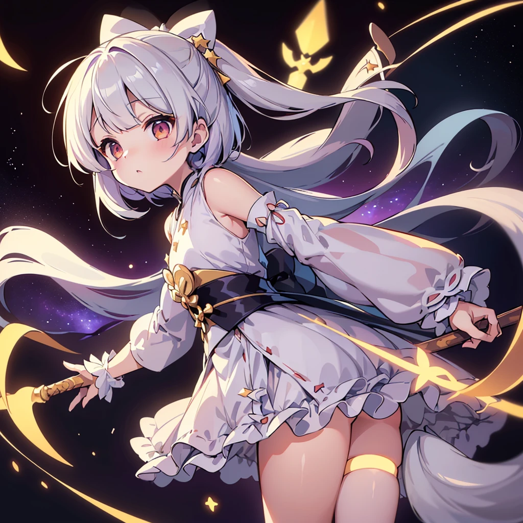 (Masterpiece), (Top Quality Anime Illustration), (Super Definition), One Girl, Solo, Beautiful Girl with Silver Hair, Anime Loli, Cat Ear Loli, Miniskirt Cheongsam, See-through, Sleeveless, Smile, Cleavage Emphasis, Side Breasts with Bare Skin Visible, Open Stance, Thighs, Butt Protruding, Ass Focus