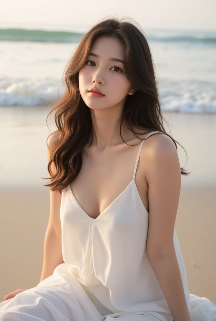 a beauty girl long black hair、the beach、toppless