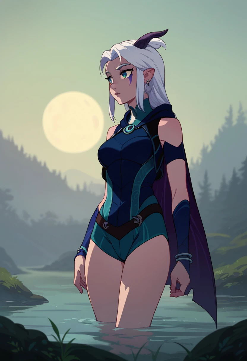 (((solo,1woman, mature, alone))), drowdef, drowarcana, ((white hair, long hair, long bangs, glowing green eyes, wide eyes, makeup, narrow waist, skinny, medium breasts, colored skin, pink skin)), pelvic curtain, ((micro black panties, micro black bra, cape)), full body, perfect body, (insanely detailed, beautiful detailed face, masterpiece, best quality), (extremely detailed 8k paper CG wall unit: 1.1), (florest scenery, garden, dusk, color, yellow, red, cloudy sky)), (smile face for the viewer), cameltoe view
