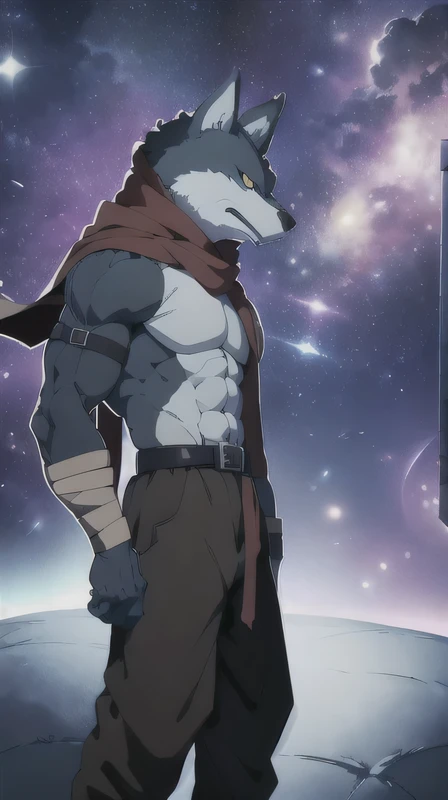 Bergamo _.DB, posing for the camera , presume. 4k, High resolution, the best quality , Posted on E621, only, anthropogenic body , male , , male , (Correcting the muscles , detailed muscles , very muscular, broad chest, pectorals, biceped:1.1), correct anatomy , correct proportions, Anatomy of the Taran ,, (Space clouds, galaxy, stars:1.0), (by WFA, por taran fiddler:1.0), (by black:0.8), (shaded cell:1.2), Cartoon shading, trusted, strong, (Long Wolf Tail:1.0), (pantalones, belt:1.1), ( medium black:1.2), (Detailed Bergamo _Eyes of .DB:1.1), pose strong, looking at the camera , scarf, pose strong, bare chest intense colors, yellow eyes , fluffy wolf tail , left profile posture