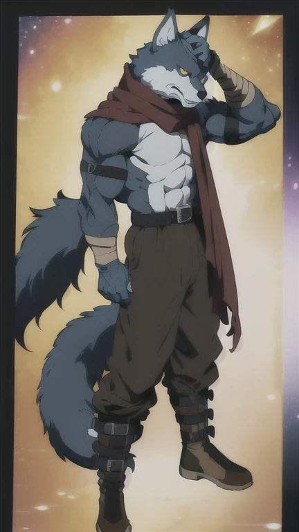 Bergamo _.DB, posing for the camera , presume. 4k, High resolution, the best quality , Posted on E621, only, anthropogenic body , male , , male , (Correcting the muscles , detailed muscles , very muscular, broad chest, pectorals, biceped:1.1), correct anatomy , correct proportions, Anatomy of the Taran ,, (Space clouds, galaxy, stars:1.0), (by WFA, por taran fiddler:1.0), (by black:0.8), (shaded cell:1.2), Cartoon shading, trusted, strong, (Long Wolf Tail:1.0), (pantalones, belt:1.1), ( medium black:1.2), (Detailed Bergamo _Eyes of .DB:1.1), pose strong, looking at the camera , scarf, pose strong, bare chest intense colors, yellow eyes , fluffy wolf tail , left profile posture