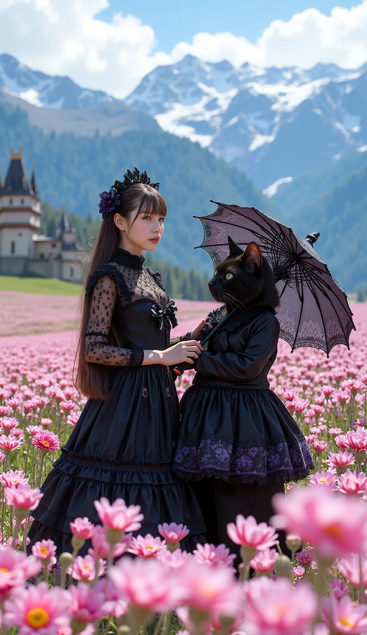 ultra-realistic, photorealistic, dramatic scene, shadow, global-illumination, 1 girl\( 20 years old Japanese beautiful woman, beautiful with cute face, wearing a black with purple accent gothic ta costume, long twin tails, slight opened mouth, holding a parasol with a gorgeous gothic loliecoration\), 1 human-like giant black cat\( human-like giant black cat, big, tall, large face, wearing a very cute gothic lolita cme, gothic lolita dressthic styled hat, slight taller than the girl, chubby\), the woman and human-like giant black cat are standing in the middle of flower field, they are enjoying their holiday with gothic lolita cosplayinhey are surrounded by many kind of flowers in full bloom, enveloped in a dreamy atmosphere, amazing view of vast flower field with European old castle with snow mountains, blue sky
