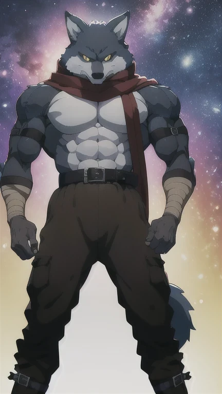 Bergamo _., posing for the camera , Presume. 4k, High resolution, the best quality , published in e621 , Alone, anthropogenic body , man , , man , (Correcting the muscles , detailed muscles , very muscular, broad chest, pectorals, biceped:1.1), correct anatomy , correct proportions, Anatomy of the Taran ,, (Space clouds, galaxy, stars:1.0), (by WFA, por taran fiddler:1.0), (by black:0.8), (shaded cell:1.2), cartoon shading, trustworthy , strong, (Long wolf tail :1.0), (pantalones, belt:1.1), ( half black :1.2), (Detailed Bergamo _Eyes of .:1.1), pose strong, looking at the camera , scarf, pose strong, bare chest intense colors, yellow eyes , fluffy wolf tail , lump in groin