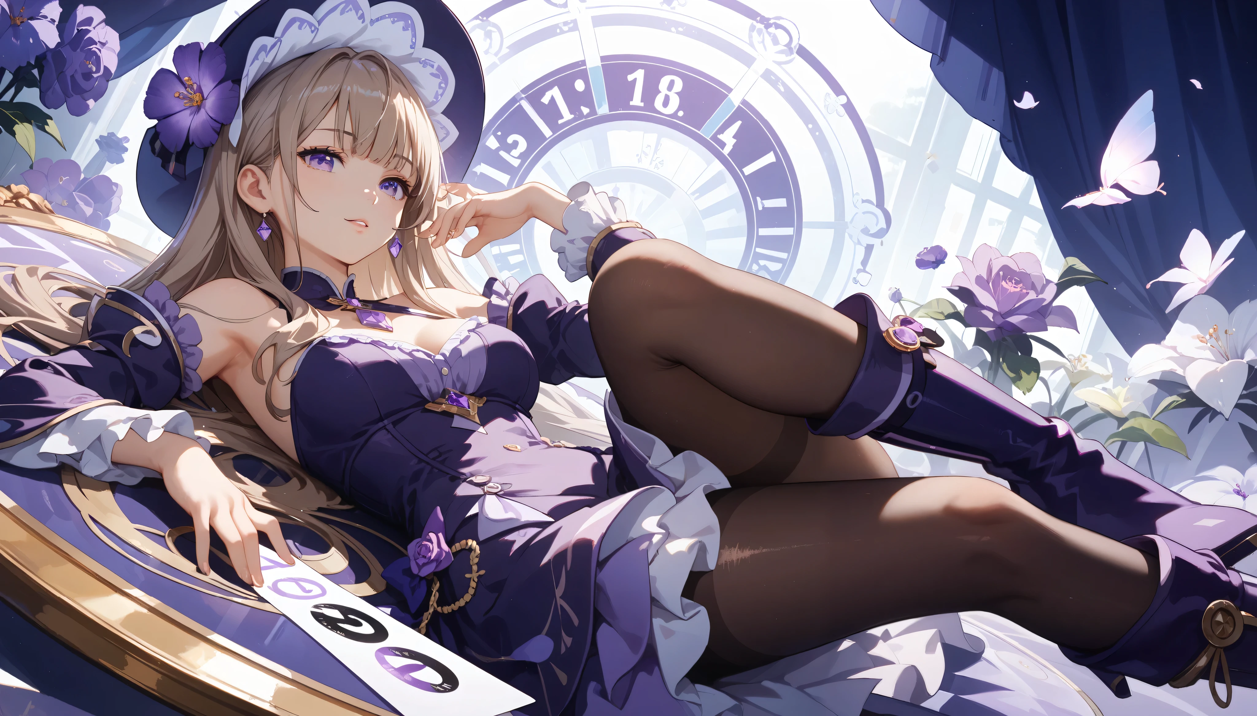 Hand Repair, masterpiece, high resolution ,Anime Art,Anime Numbers, 4k anime wallpaper,Soft Light, radiant skin, unique , close-up shot ,An anime girl,Lie on the mirror,chest,Purple hat, purple dress , light brown long hair , purple eyes ,Purple long boots, black pantyhose, fantastic background