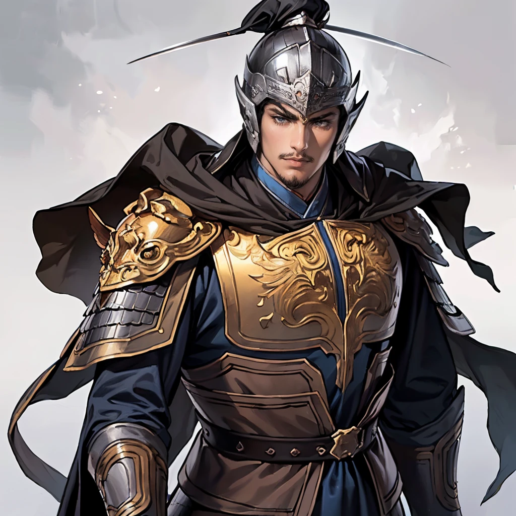 ( best quality ,4K,8k, high resolution,masterpiece:1.2),super detailed,(super fine illustration),((( man in armor drawn in anime-style illustrations))),20 years old,Heroes of the Three Kingdoms,((Beautiful neutral boy )), detailed eyes :1.2, perfect eyes, square outline :1.2, clenching teeth,(( Attractive Dark Eyes )),(( Shrimp,Thick chest)),cinematic lighting, soft shadows,((Ancient Chinese silver armor with engravings leading up to detailed works of art:1.3, deeply wears an ancient Chinese silver helmet drawn in detail:1.3,Holding an ancient Chinese sword :1.3,Big black cloak:1.3,dynamic pause)),(( cowboy shot:1.2)),(( white background:1.3,simple background:1.2)),(( :1.3,Depicted so you can't see it from the tip of your head :1.3))