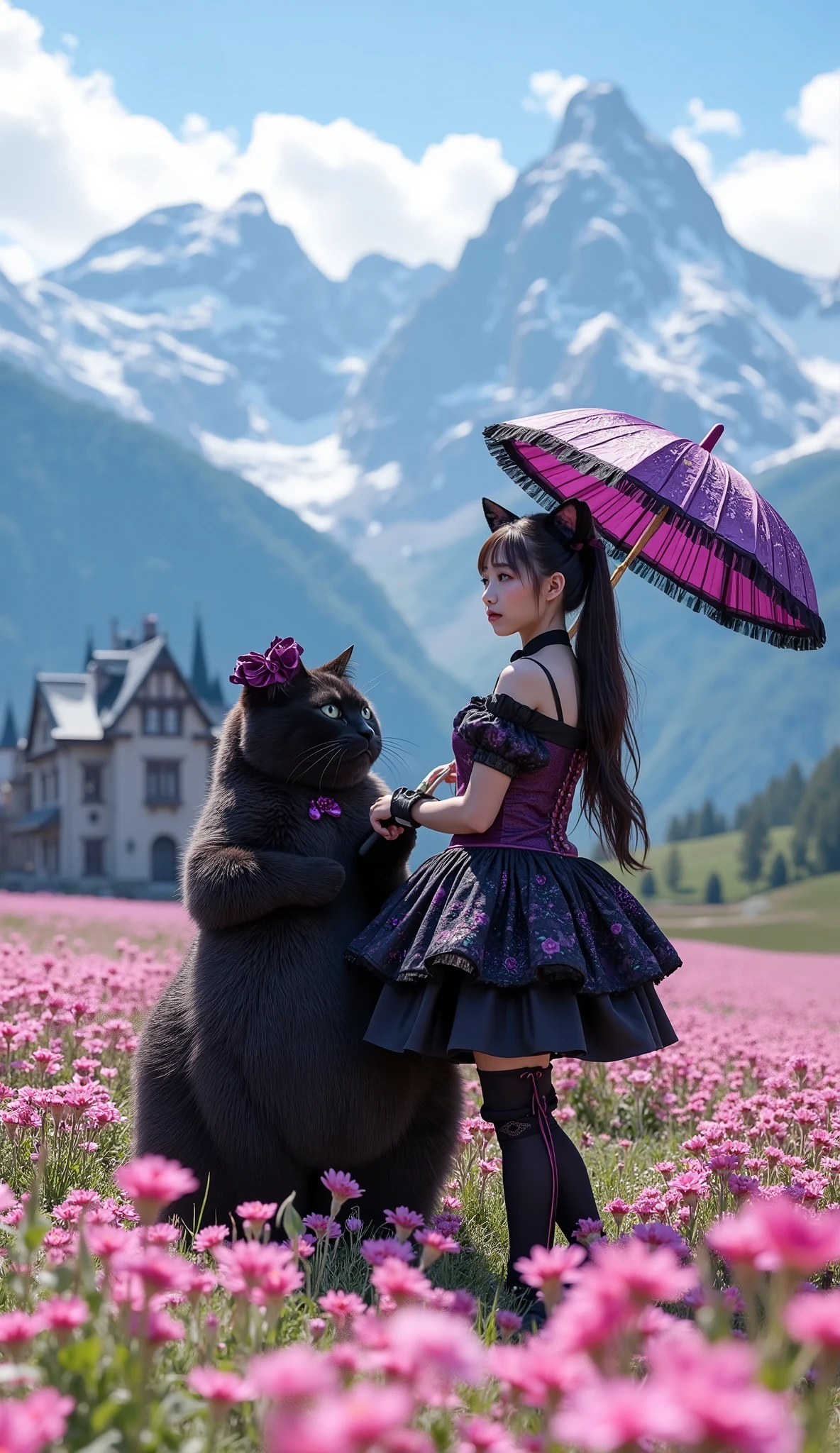 ultra-realistic, photorealistic, dramatic scene, shadow, global-illumination, 1 girl\( 20 years old Japanese beautiful woman, beautiful with cute face, wearing a black with purple accent gothic ta costume, long twin tails, slight opened mouth, holding a parasol with a gorgeous gothic loliecoration\), 1 human-like giant black cat\( human-like giant black cat, big, tall, large face, wearing a very cute gothic lolita cme, gothic lolita dressthic styled hat, slight taller than the girl, chubby\), the woman and human-like giant black cat are standing in the middle of flower field, they are enjoying their holiday with gothic lolita cosplayinhey are surrounded by many kind of flowers in full bloom, enveloped in a dreamy atmosphere, amazing view of vast flower field with European old castle with snow mountains, blue sky