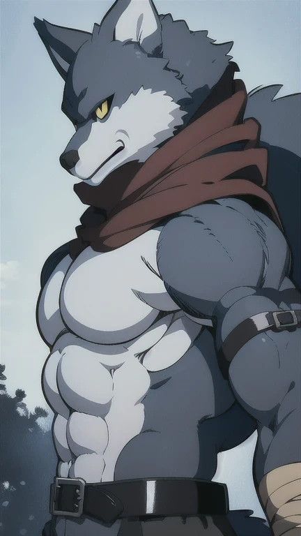 Bergamo  _.,   posing for the camera  , Presume. 4k,   High resolution,   the best quality  ,  published in e621 , Alone,   anthropogenic body  ,  man , ,  man , (Correcting the muscles  ,   detailed muscles  ,  eyes, broad chest, pectorals, biceped:1.1),   correct anatomy  ,   correct proportions, Anatomy of the Taran  ,, (white clouds, in a meadow, cielo azul:1.0), (by WFA, por taran fiddler:1.0), (by black:0.8), (clear cell :1.2),  cartoon shading, trustworthy , strong, (Long wolf tail :1.0), (pantalones,  belt:1.1), ( half black :1.2), (Detailed Bergamo  _Eyes of .:1.1), pose strong,   looking at the camera  , scarf, pose strong,   bare chest intense colors,   yellow eyes  ,   fluffy wolf tail   , Right profile pose .