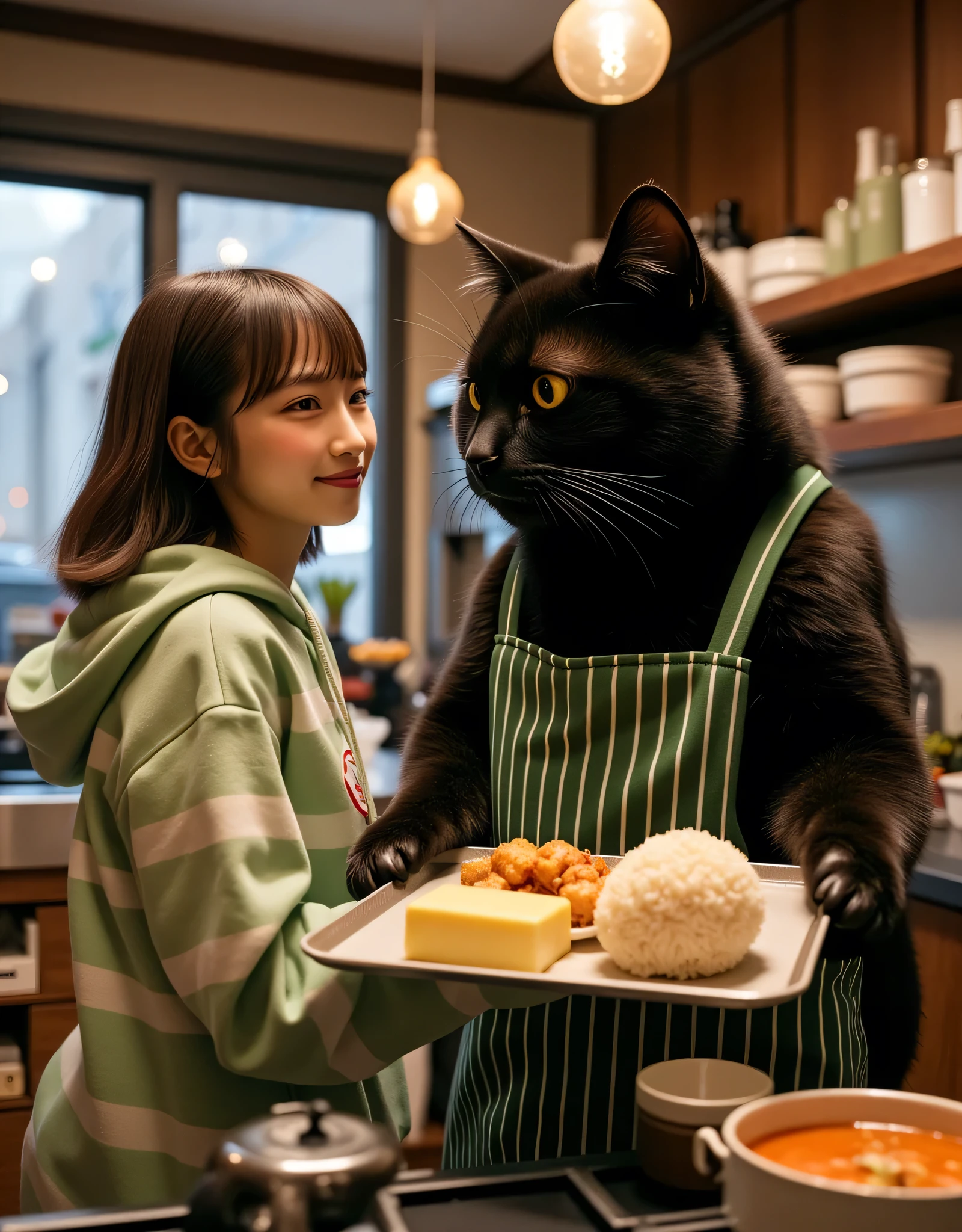 ultra-realistic, photorealistic, dramatic scene, shadow, global-illumination, 1 girl\( 20 years old Japanese beautiful girl, beautiful with cute face, wearing a horizontal striped light green hoodie, shoulder-length brown hair\), 1 human-like giant black cat\( human-like giant black cat, wearing a vertical striped green apron, slight taller than the girl, little chubby\), the human-like giant black cat is holding a fried rice set meal with Chinese soup on the large tray, the girl is looking at the cat with smile, stylish kitchen, many kind of cooking tools and professional stove,