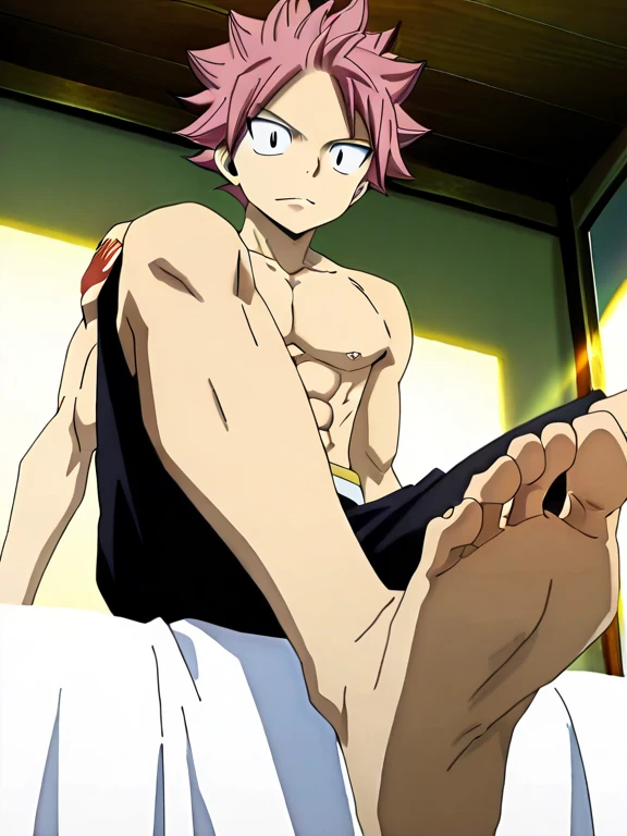 masterpiece, best quality red eyes, game cg, 1boy naked and V-Line sweating, solo, male focus, (looking at viewer), ((wide smile eyes pinched)) ((white scarf)), upper body sweating, natsu_dragneel Natsu Dragneel, pink hair, brown eyes, shirtless naked, toned muscle sweating, pectorals, 8 abs, toned legs, naked legs, slightly bulged,  detailed background, bedroom lighting, well lit, naked body, bedroom in the background, (naked flaccid penis ), (( half reclining on bed)) ((spread their legs))