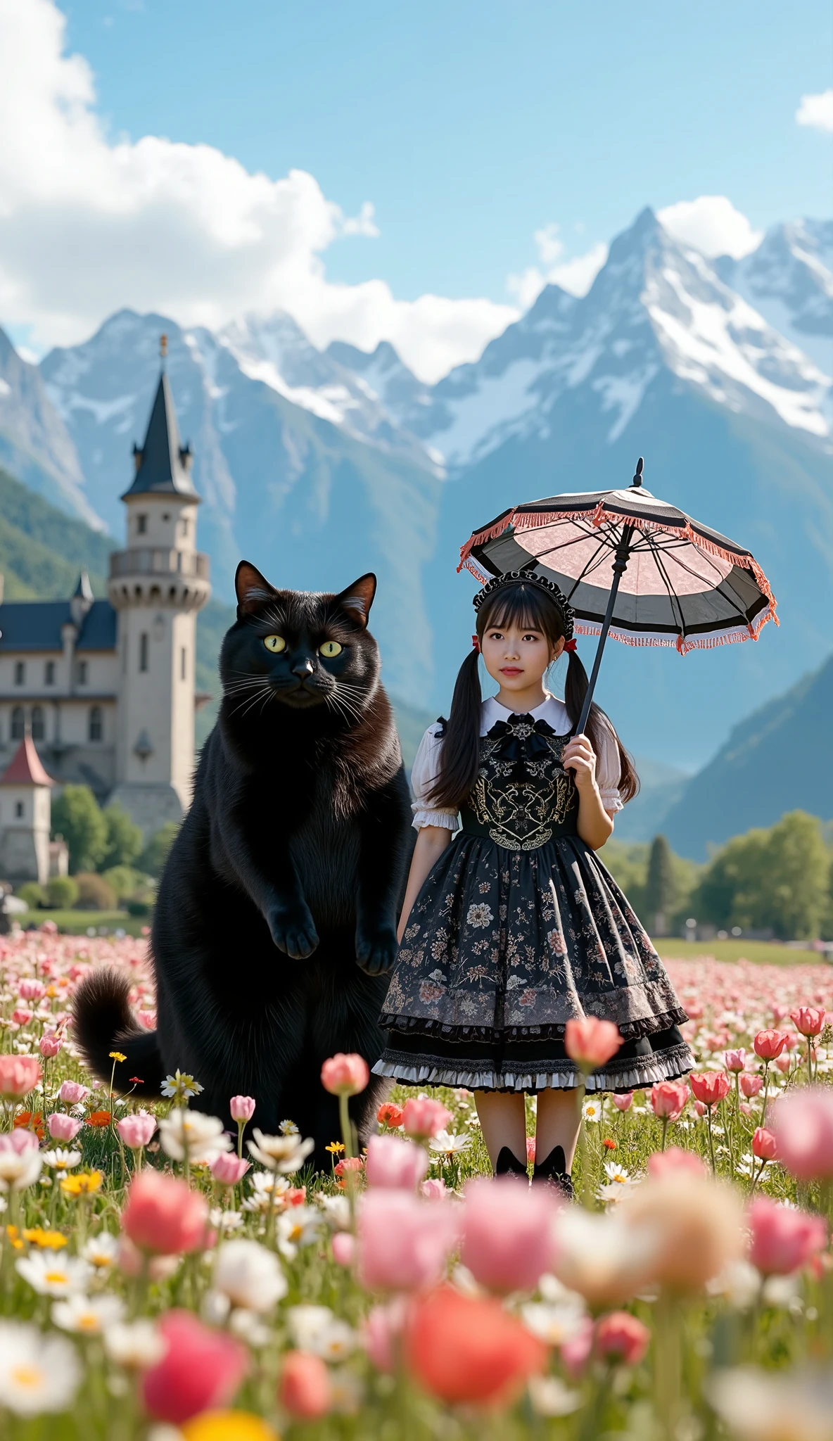 ultra-realistic, photorealistic, dramatic scene, shadow, global-illumination, 1 girl\( 20 years old Japanese beautiful woman, beautiful with cute face, wearing a black with white gothic ta costume, long twin tails, slight opened mouth, holding a parasol with a gorgeous gothic loliecoration\), 1 human-like giant black cat\( human-like giant black cat, big, tall, large face, wearing a very cute gothic lolita cme, gothic lolita dressthic styled hat, slight taller than the girl, chubby\), the woman and human-like giant black cat are standing in the middle of flower field, they are enjoying their holiday with gothic lolita cosplayinhey are surrounded by many kind of flowers in full bloom, enveloped in a dreamy atmosphere, amazing view of vast flower field with European old castle with snow mountains, blue sky