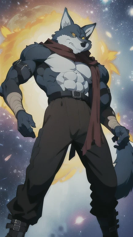 Bergamo  _.,   posing for the camera  , Presume. 4k,   High resolution,   the best quality  ,  published in e621 , Alone,   anthropogenic body  ,  man , ,  man , (Correcting the muscles  ,   detailed muscles  ,   very muscular, broad chest, pectorals, biceped:1.1),   correct anatomy  ,   correct proportions, Anatomy of the Taran  ,, (Space clouds, galaxy, stars:1.0), (by WFA, por taran fiddler:1.0), (by black:0.8), (shaded cell:1.2),  cartoon shading, trustworthy , strong, (Long wolf tail :1.0), (pantalones,  belt:1.1), ( half black :1.2), (Detailed Bergamo  _Eyes of .:1.1), pose strong,   looking at the camera  , scarf, pose strong,   bare chest intense colors,   yellow eyes  ,   fluffy wolf tail , lump in groin  