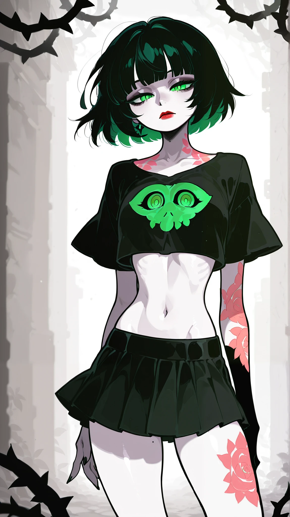skinny woman in her 20s . green eyes. expressionless . black short hair. with bangs. dark impression . pale skin with no vitality. has red lips and is stained with blood . y2k-style white cropped tee , wearing a black miniskirt and no other clothes . There are plant thorns tattoos on her left leg and right leg. standing in a position where something is troubled .