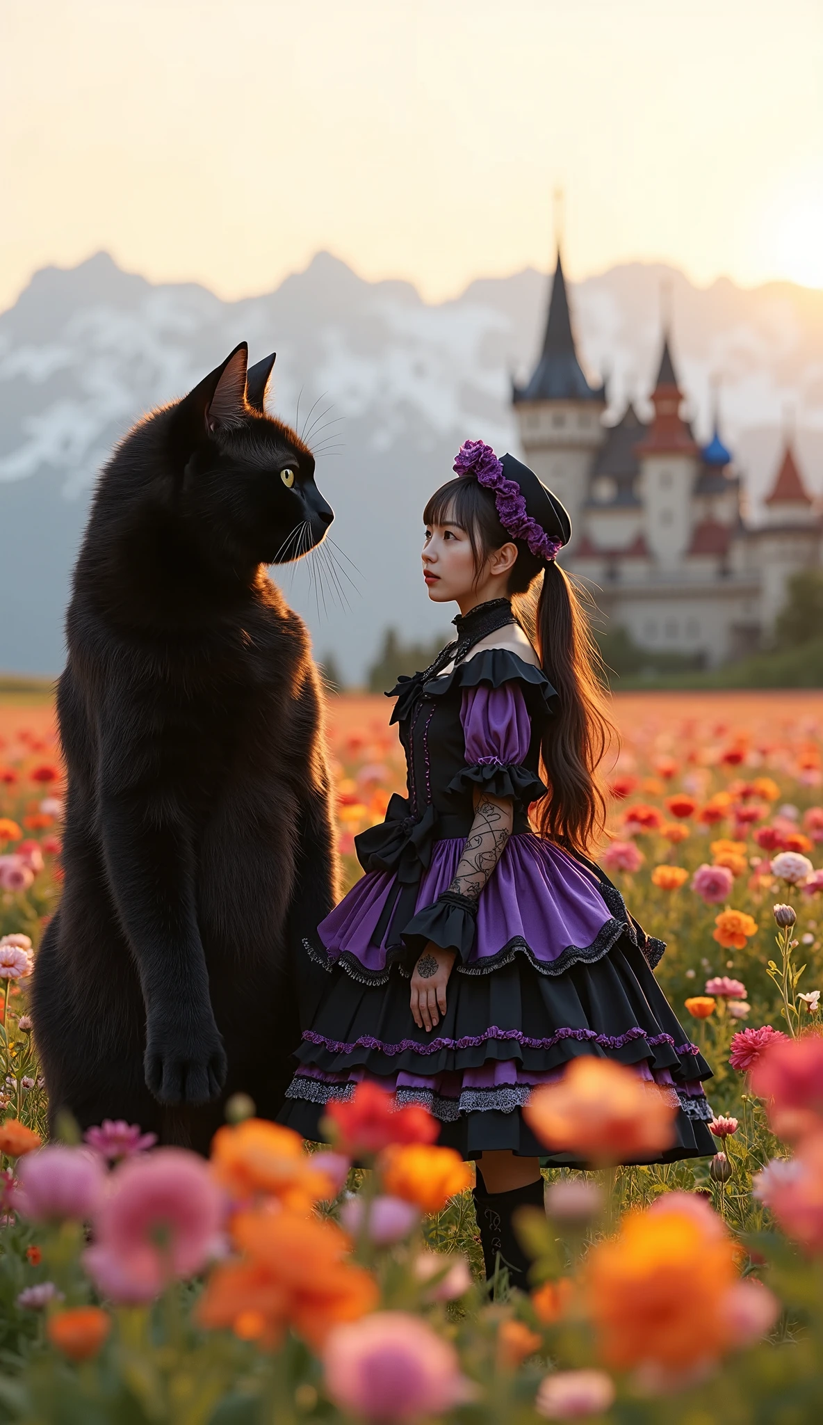 ultra-realistic, photorealistic, dramatic scene, shadow, global-illumination, 1 girl\( 20 years old Japanese beautiful woman, beautiful with cute face, wearing a black with purple accent gothic ta costume, long twin tails, slight opened mouth\), 1 human-like giant black cat\( human-like giant black cat, big, tall, large face, wearing a very cute gothic loliostume, gothic lolita d, gothic styled hat, slight taller than the girl, chubby\), the woman and human-like giant black cat are standing in the middle of flower field, they are enjoying their holiday with gothic lolita cosplg, they are surrounded by many kind of flowers in full bloom, enveloped in a dreamy atmosphere, amazing view of vast flower field with European old castle with snow mountains, spectacular view of sunset with pink and purple sky