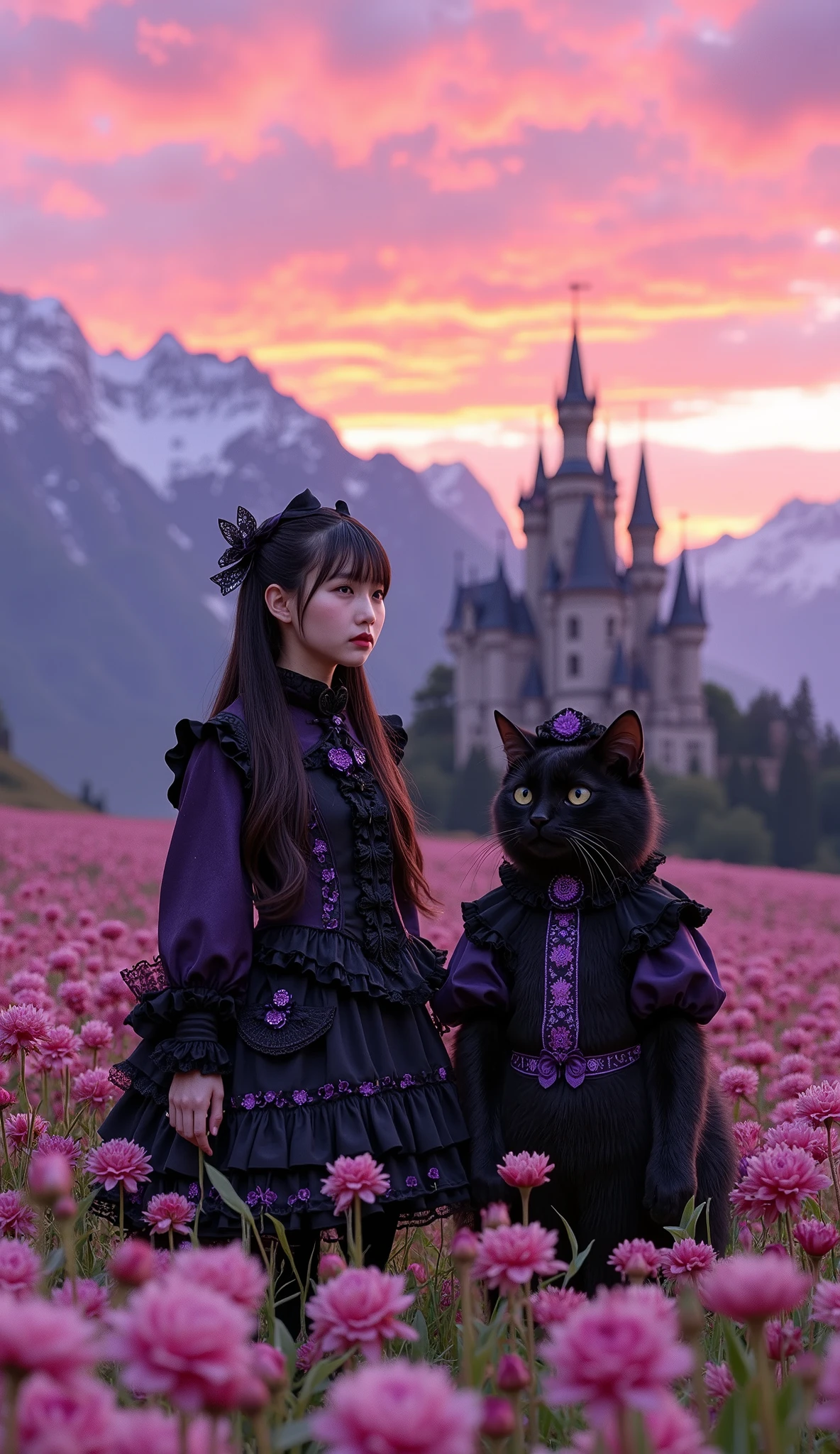 ultra-realistic, photorealistic, dramatic scene, shadow, global-illumination, 1 girl\( 20 years old Japanese beautiful woman, beautiful with cute face, wearing a black with purple accent gothic ta costume, long twin tails, slight opened mouth\), 1 human-like giant black cat\( human-like giant black cat, big, tall, large face, wearing a very cute gothic loliostume, gothic lolita d, gothic styled hat, slight taller than the girl, chubby\), the woman and human-like giant black cat are standing in the middle of flower field, they are enjoying their holiday with gothic lolita cosplg, they are surrounded by many kind of flowers in full bloom, enveloped in a dreamy atmosphere, amazing view of vast flower field with European old castle with snow mountains, spectacular view of sunset with pink and purple sky