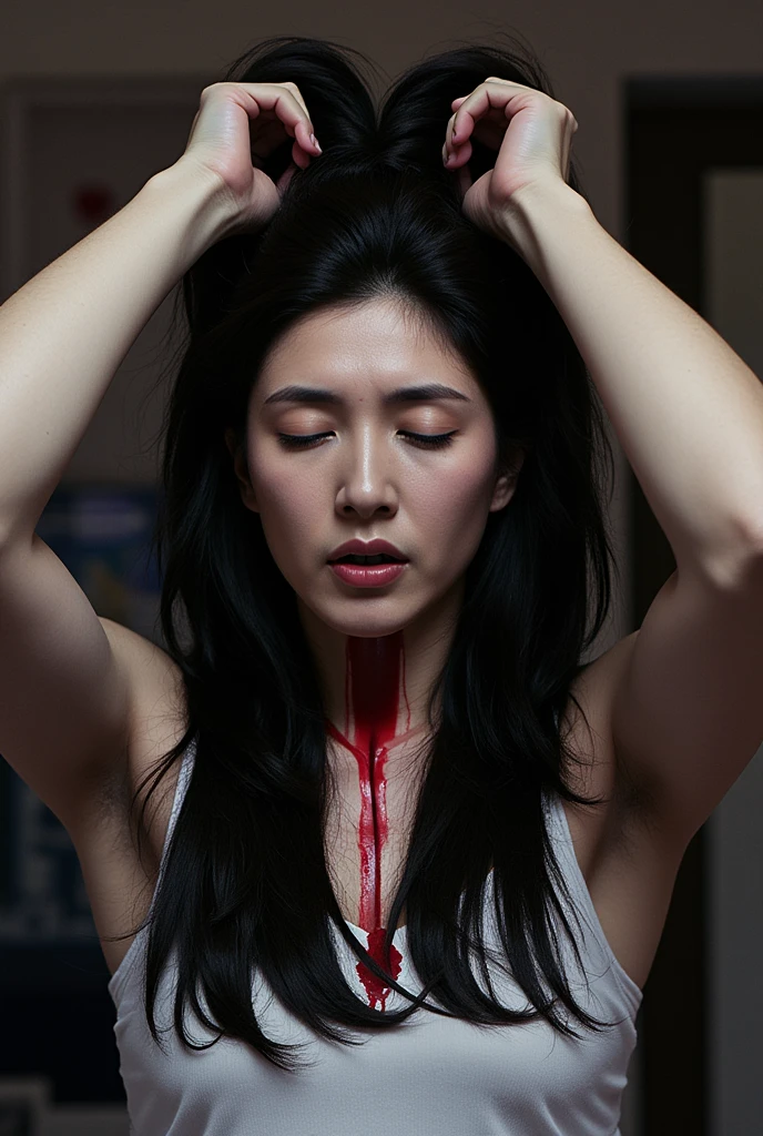 Una chica, pechos muy grandes y redondos, beautiful and finely detailed face with lots of asian beauty,obra-prima inspirada em hellraiser, h. pag. Lovecraft y Evil Dead 2013, cuerpo completo realista ((cuerpo duro perforado)) Photography, decomposition, Dark black liquid from the body in decomposition., 12k resolution,  Pintura facial muy compleja, pintura corporal aterradora, pierced with a dark liquid., Detailed bright ghostly dark liquid coming out of the eyes., loco brillante aterrador malvado azul sonrisa, dark and gloomy scene in a very scary haunted house, ultra detallado, ((Arte Oscuro)), pagântano of horror, vista de cuerpo entero, cabeza a los pies, un guerrero esqueleto, con armadura de huesos secos, con un libro de tapa dura, encapado com carne humana, bathed in blood,