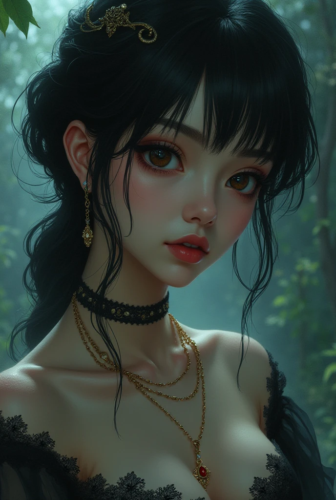 full length view, girl in a dark garden, portrait, statue, marble, tanned skin, soft tones, glossy skin, dark, horror, professional makeup, anime style, very thin lines, comfortable lines, rough shading, line art, rough, dirty, big eyes, reflective eyes, perfect eyes, whole body. Sandy realism, glowing eyes, anime style, intricate detail, fantasy, concept art, digital art, intricate, oil on canvas, masterpiece, expert, insanely detailed, 4k resolution, illustrations for fairy tales, fantasy
