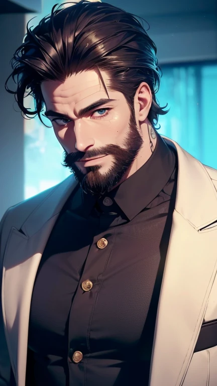 Young man, 26 years, muscular, with a scar on the left side of the face, with brown right eye and blue left eye, latin features, beard with sideburns, short silver hair, wearing duke's clothes, with golden laurel wreath, red and white cape, swarthy skin, posing standing, full body image