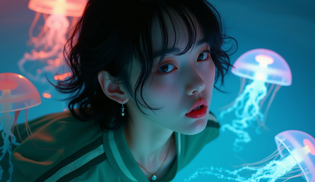 ultra HD,32k,close-up face,entangled glowing huge jelly fish, night,pool,RAW photo,ultra realistic photo,beautiful Japanese idol,kawaii,vivid, grow, 16yo,big eyes,detailed skin,clavicle,wavy and medium hair,detailed bikini with geometric print,floating in pool,necklace,earrings,detailed shadow,gravure,wistful smile, looking back,colorful lighting
