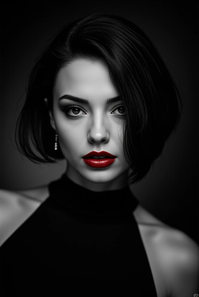 beautiful girl, red lips, green eyes, short haircut, beautiful neck, hyperdetalization of face and body and eyes, aesthetically pleasing, realistic, professional photo, 32k, high resolution, high detail, monochrome, dim lighting