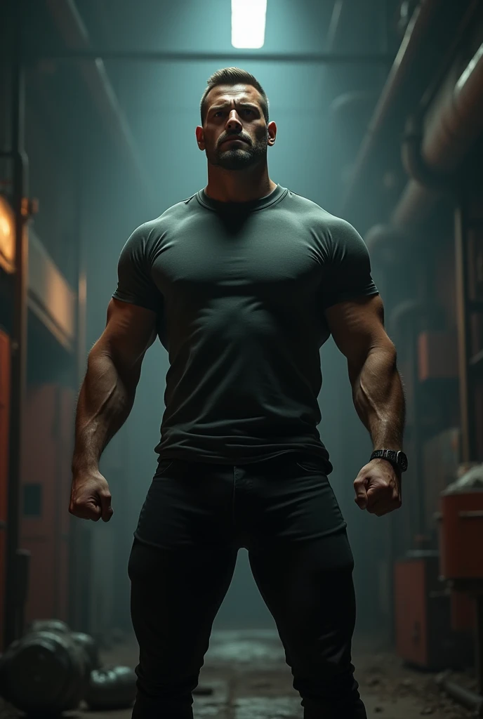 muscular man in black cap and white t-shirt, spike collar, academy, wicked look