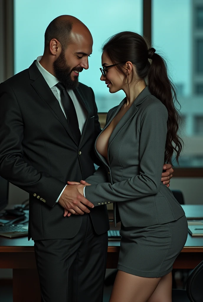 masterpiece, a couple, 1 beautiful woman, 1 handsome man. (A woman with a sexy body, big breasts, wearing a blazer with all the buttons open, no bra and underwear, her plump breasts visible, wearing a short skirt, her legs open showing her vagina, slightly bent over, crying, being persecuted, enduring pain and agony). (the man is not wearing a shirt, wearing trousers, his trousers are slightly sagging, pressing his body against the woman, while squeezing her breasts). both of them lying on on the bed, head in the frame, central image, 8K resolution, high detail, detailed hairstyle, Detailed Face, spectacular cinematic lighting, octane rendering, vibrant, hyper realistic, perfect limbs, perfect anatomy
