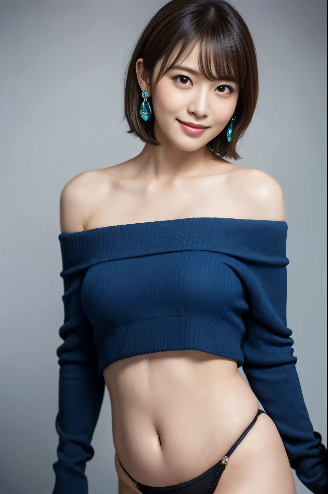 ((( simple background ))),( Perfect for friendship {x} 18 year old black gal ), ( :1.5), ( black theme :1.4), ( bright color:1.3), ( black sweater that has been hit :1.4), ( Long Sleeve :1.3), (( off shoulder , belly button, stomach):1.3), ( black theme :1.3), ( tall Highly detailed ((Blue Diamond)) Women's Single Earrings :1.4), Closeup RAW photo , realistic :1.6, quality:1.5, 8k, Masterpiece :1.3, Ultra high resolution:1.0, sharp concentration:1.2, ( big breasted :1.5), Beautiful Woman with Perfect Body , tall Highly detailed な顔と肌の質感, beautiful eyes , double eyelid, (kuro-gyaru makeup:1.2), gravure model's sexy pose , (smile:1.1), (( Silver short hair :1.2), soft light in a beautiful studio , rimlight, vivid details , surreal, octane rendering , Beautiful skin , realistic skin, ( staring at the audience ),