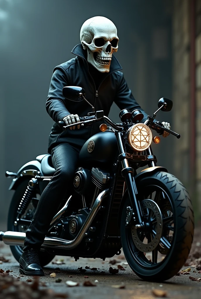 A biker in a terrifying skeletal mask riding a black Harley Davidson