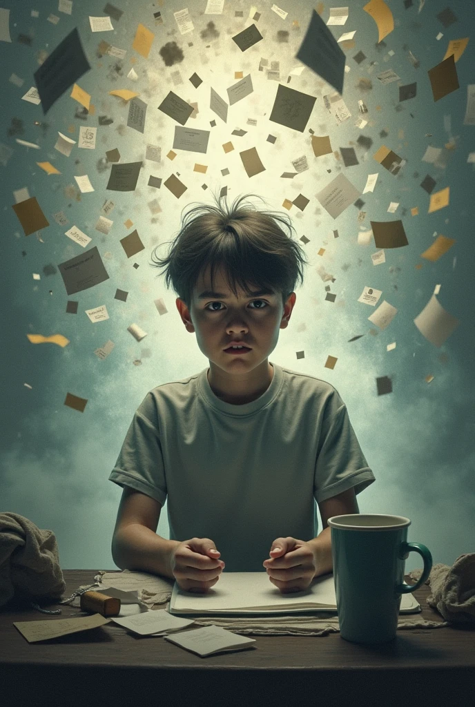 A child wearing headphones with a frustrated expression, while a giant book is suffocating her with a desperate face