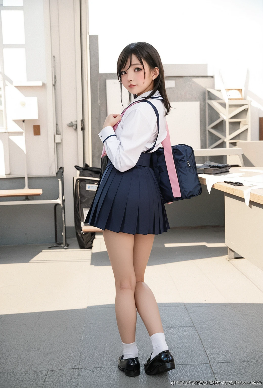 bubbly clothes, classroom, appealing, with friends, ponytail, smile, school girl, my girlfriend, school uniform, full body, (8k, RAW photos, best quality, masterpiece: 1.2), (realistic, photorealistic: 1.37), (very detailed: 1.2), detailed skin texture, (clear and clear picture: 1.2)